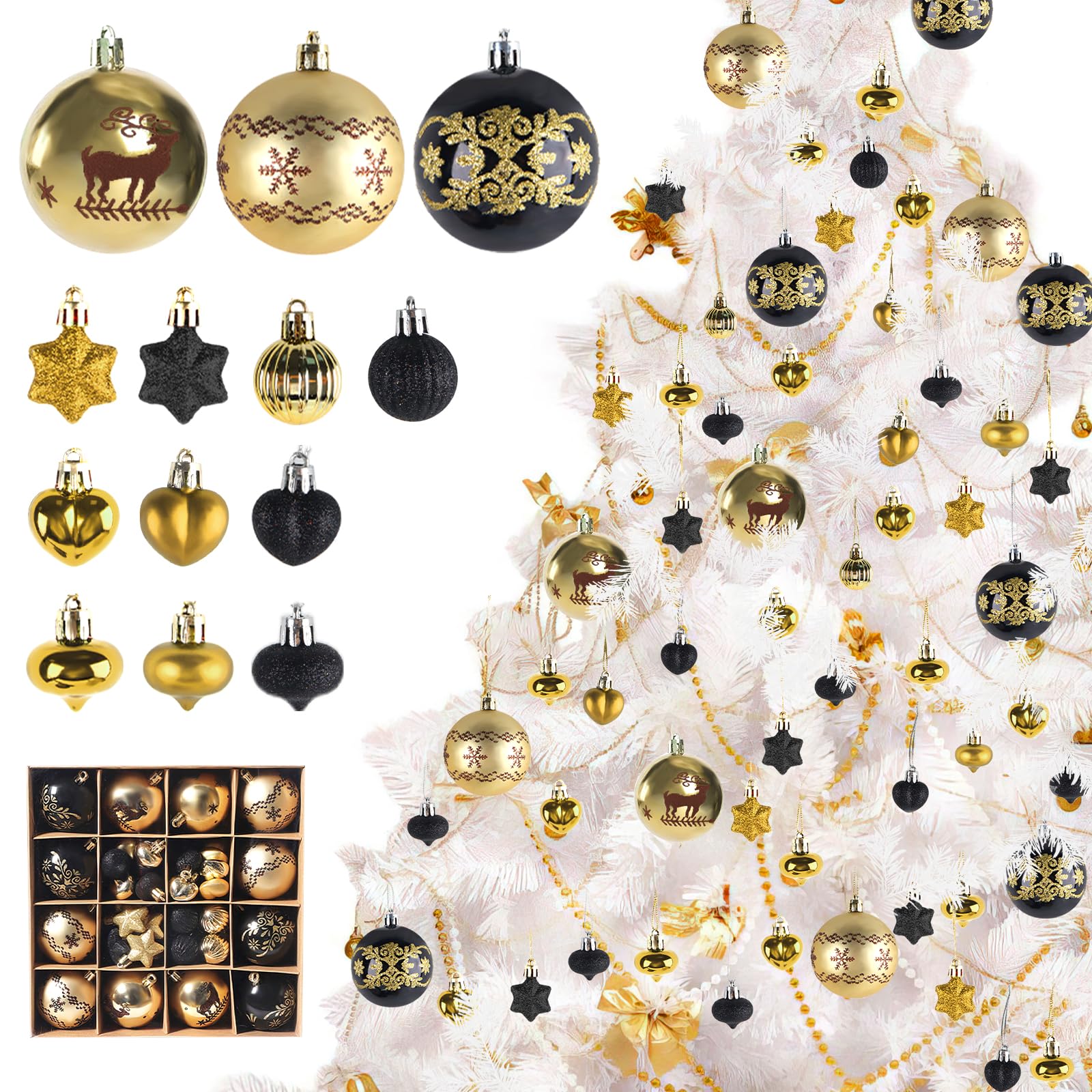 Jemmytu 52 Piezas Bolas Arbol de Navidad, Adornos Arbol Navidad, Bolas de Navidad Rojas Blancas Verde Doradas Negro, Adornos Arbol Navidad, Bolas de Navidad Personalizadas (Negro+Dorado)