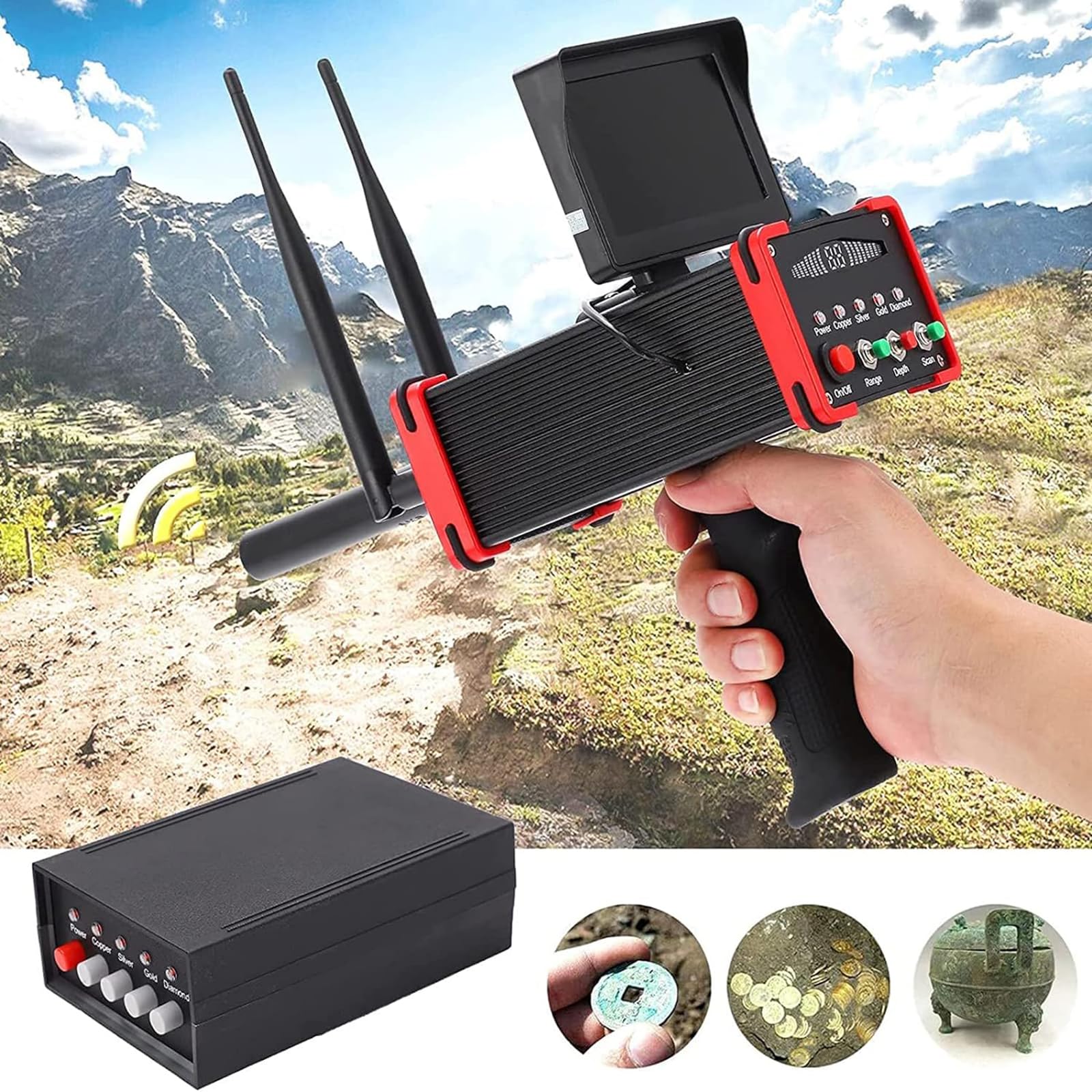 Détecteur de métaux avec écran LCD, portée de balayage de 100 m, détection de profondeur de 16 m pour la chasse au trésor or, argent, cuivre, idéal pour les aventures en plein air
