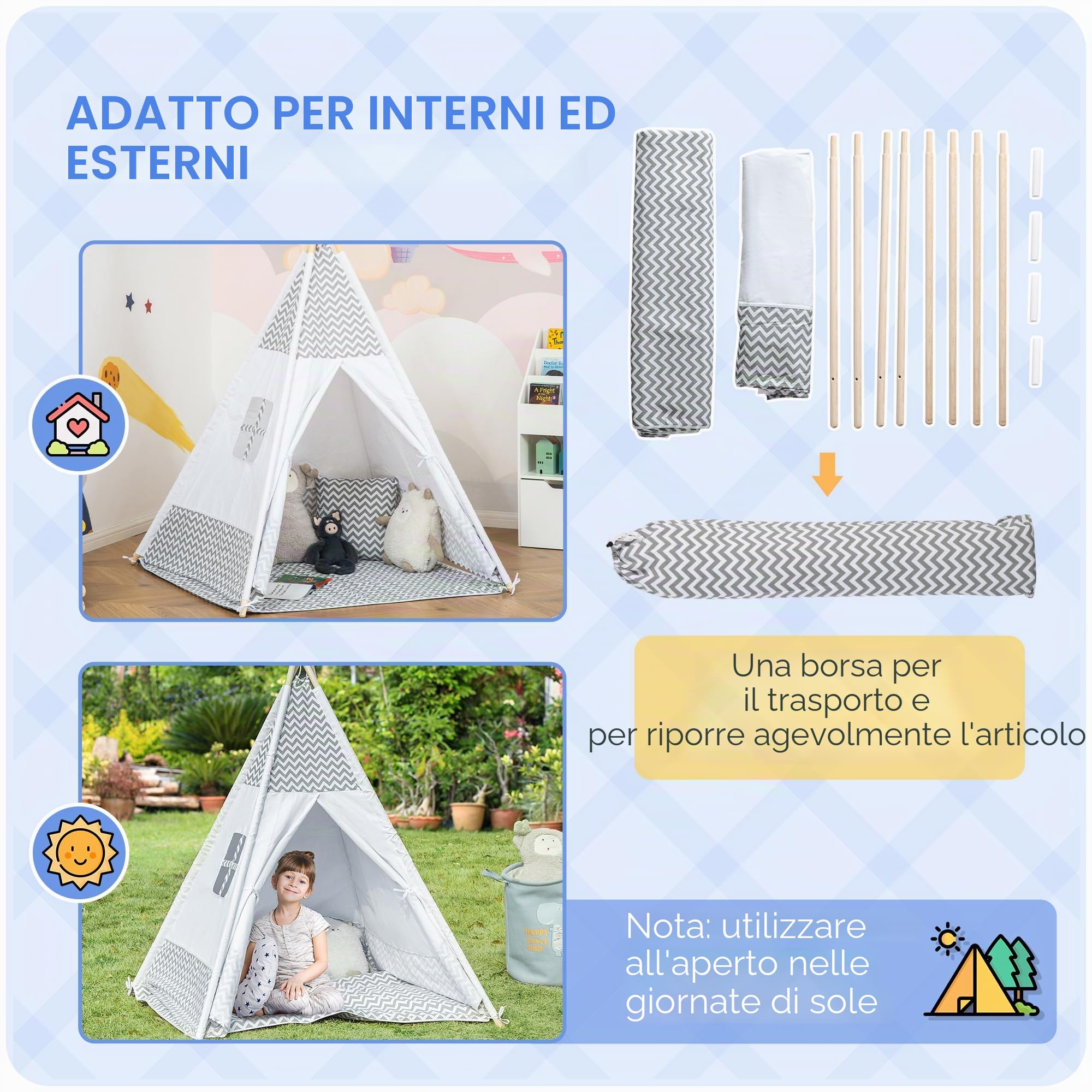 HOMCOM Tipi indiano tenda da gioco 1.2L x 1.2W x 1.55H m Grigio Bianco