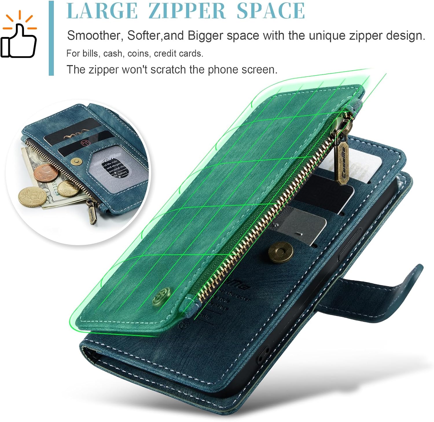 CaseMe Wallet Case for iPhone 15 Pro, Multifunction Handmade Premium PU Leather Zipper Flip Shockproof Case Built-in [Magnetic Closure] [Kickstand] [Card Slots] for iPhone 15 Pro (Blue)