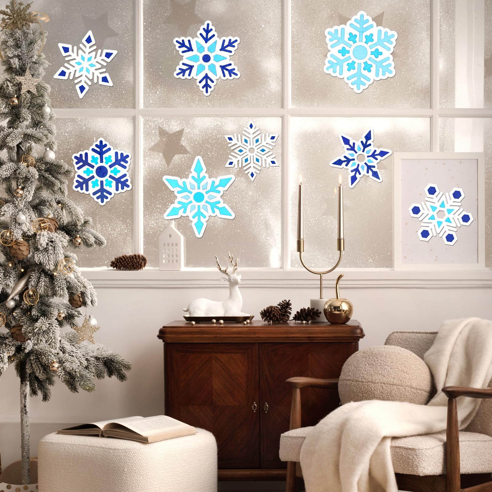 MONCAP 12Pcs Snowflake Stained Glass Decoration Christmas Art and Craft Kits for Kids Winter Themed Snowflake Papercraft Window Classroom Xmas Party Decor - Image 3
