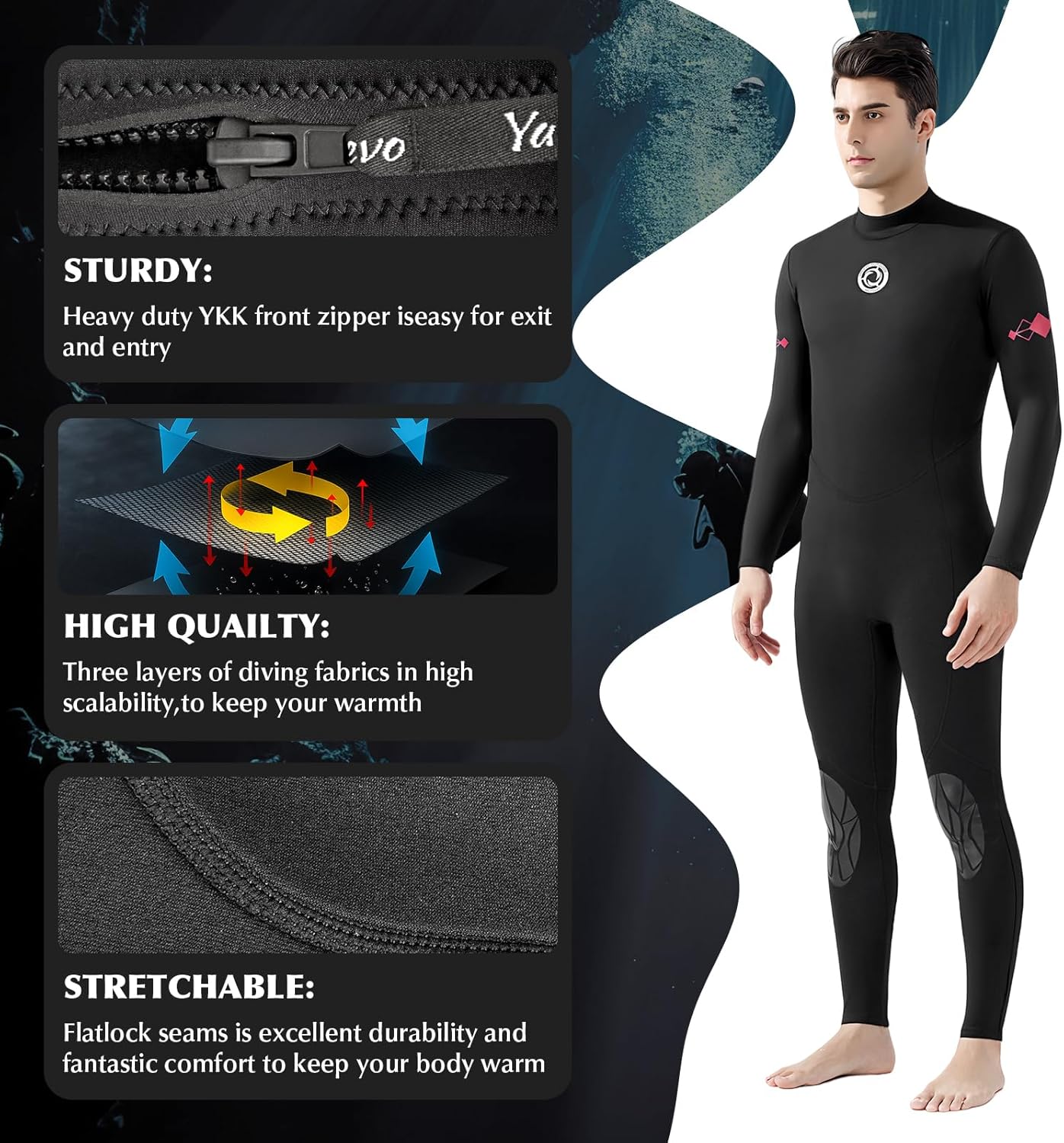 Men Wetsuits 3mm Full Body Neoprene Wetsuit for Men - Cold Water Wetsuit for Surfing, Diving, Snorkeling, Swimming, Kayaking & Water Sports