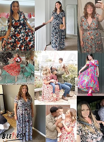 Miniatura 5 de BLENCOT - Vestido de noche para mujer, informal, de estilo bohemio, con estampado floral, cuello en V, de manga corta, largo, fruncido, ideal