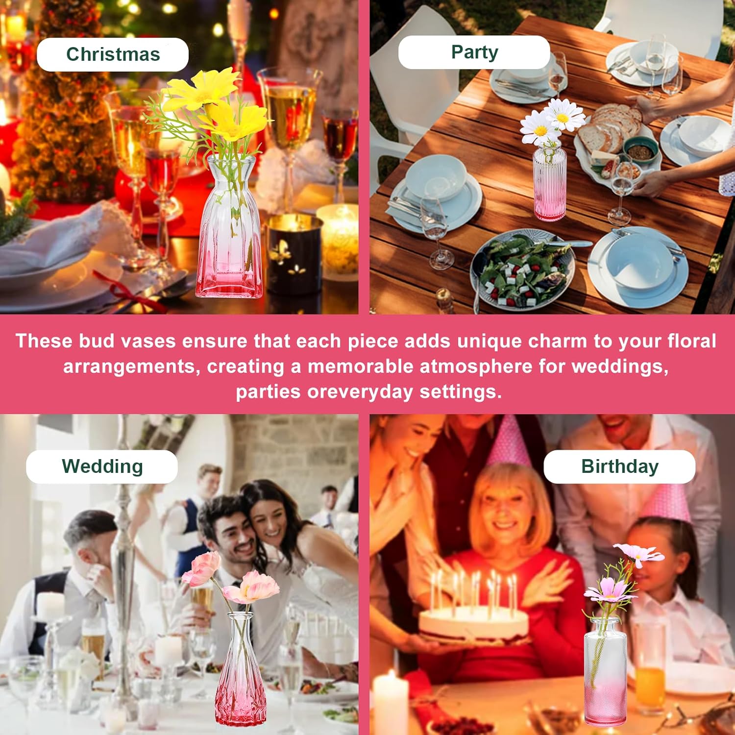 Brajttt Pink Small Flower Vase Set, Glass Bud Vase in Bulk Set of 8,Artistic and Cultural Flavor Mini Vases for Home Office Decor, Bedroom, Office, Living Room Decorations,Wedding - Image 7