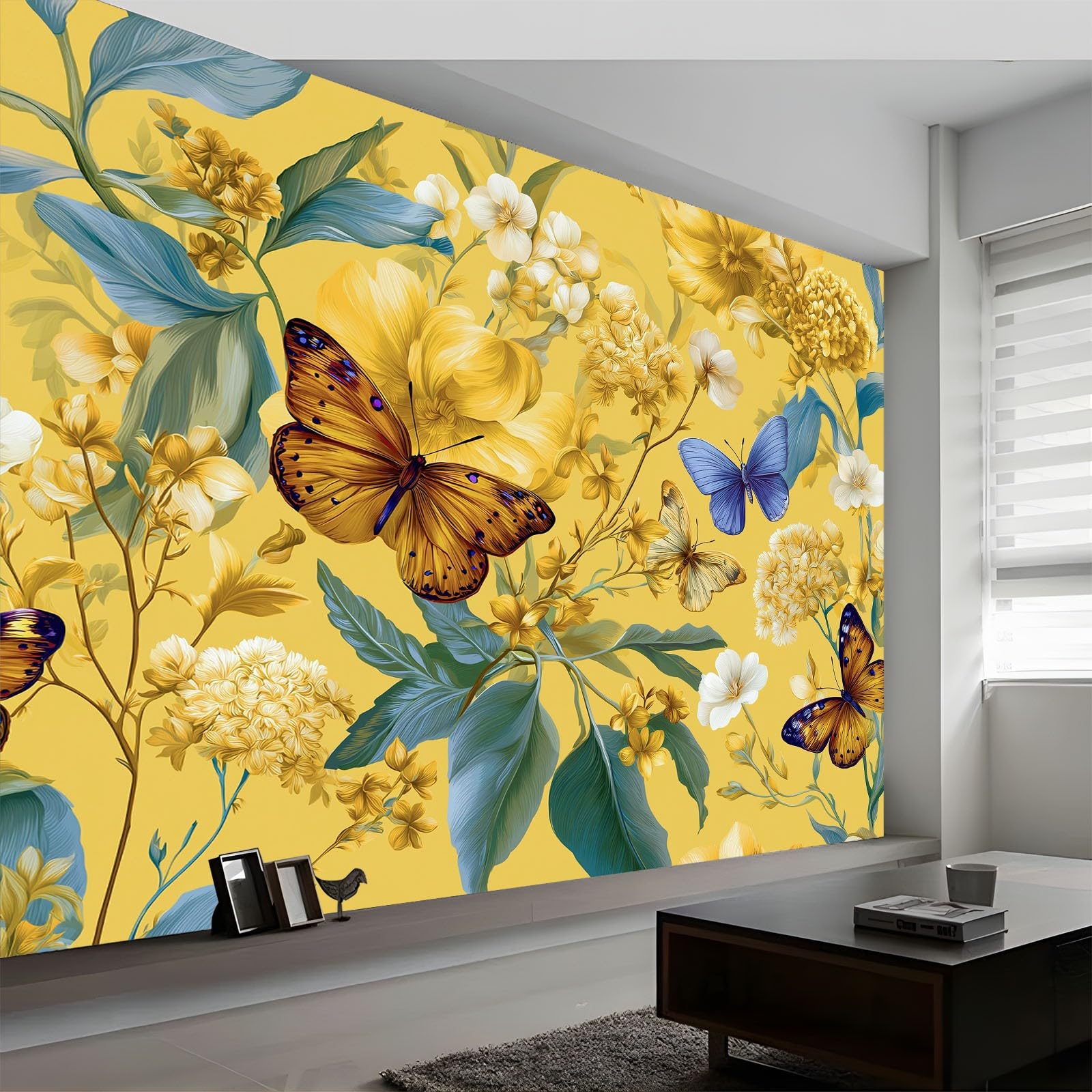 Fototapeta żółta, 300 x 210 cm – fototapeta w stylu retro, wysokiej jakości, włóknina, kwiaty, motyle, nadruk, tapeta do salonu, dekoracji domu, sypialni, kuchni, tapeta ścienna