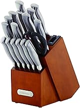 Farberware Conjunto de facas de cozinha forjadas de aço inoxidável com bloco de madeira, facas de aço inoxidável de alto carbono, conjunto de facas afiadas com cabos ergonômicos, bloco de cerejeira