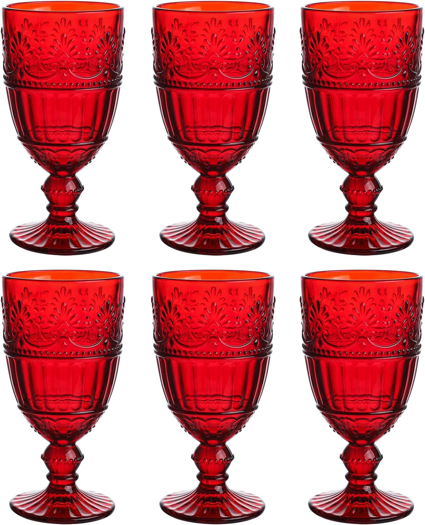 WHOLE HOUSEWARES | Colored Glass Goblet | Set of 6 Drinking Glasses | 11.5 oz Embossed Design | Wedding Glass Set of 6 (Red)