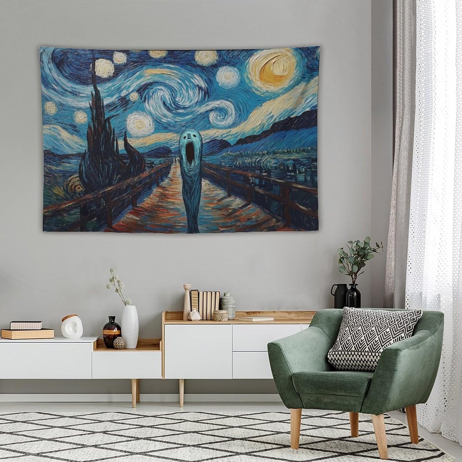 ZHXZYY Starry Night Scream Fusion A Unique Van Gogh And Munch Parody Art Print Wall Tapestry for Bedroom Home Wall Room Decor40 x60