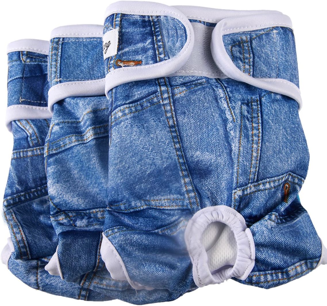 JoyDaog3 Pack Medium Dog Diapers for Female Washable Premium Jean Dog Nappies Wrap M