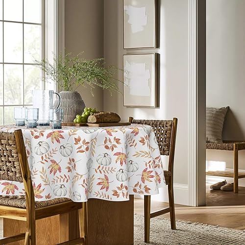 Miniatura 3 de Horaldaily Mantel redondo de otoño de 60 x 60 pulgadas, para decoración de mesa de fiesta de picnic y cena de Acción de Gracias, calabaza blanca y