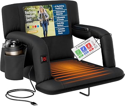 Alpcour Heated Reclining Stadium Seat for Bleachers Wide Bleacher Chair with Back Support and Cushion, Armrests, Side Pockets, Hook Stadium Seats Chairs for Camping, Kayak, Paddle Board & More