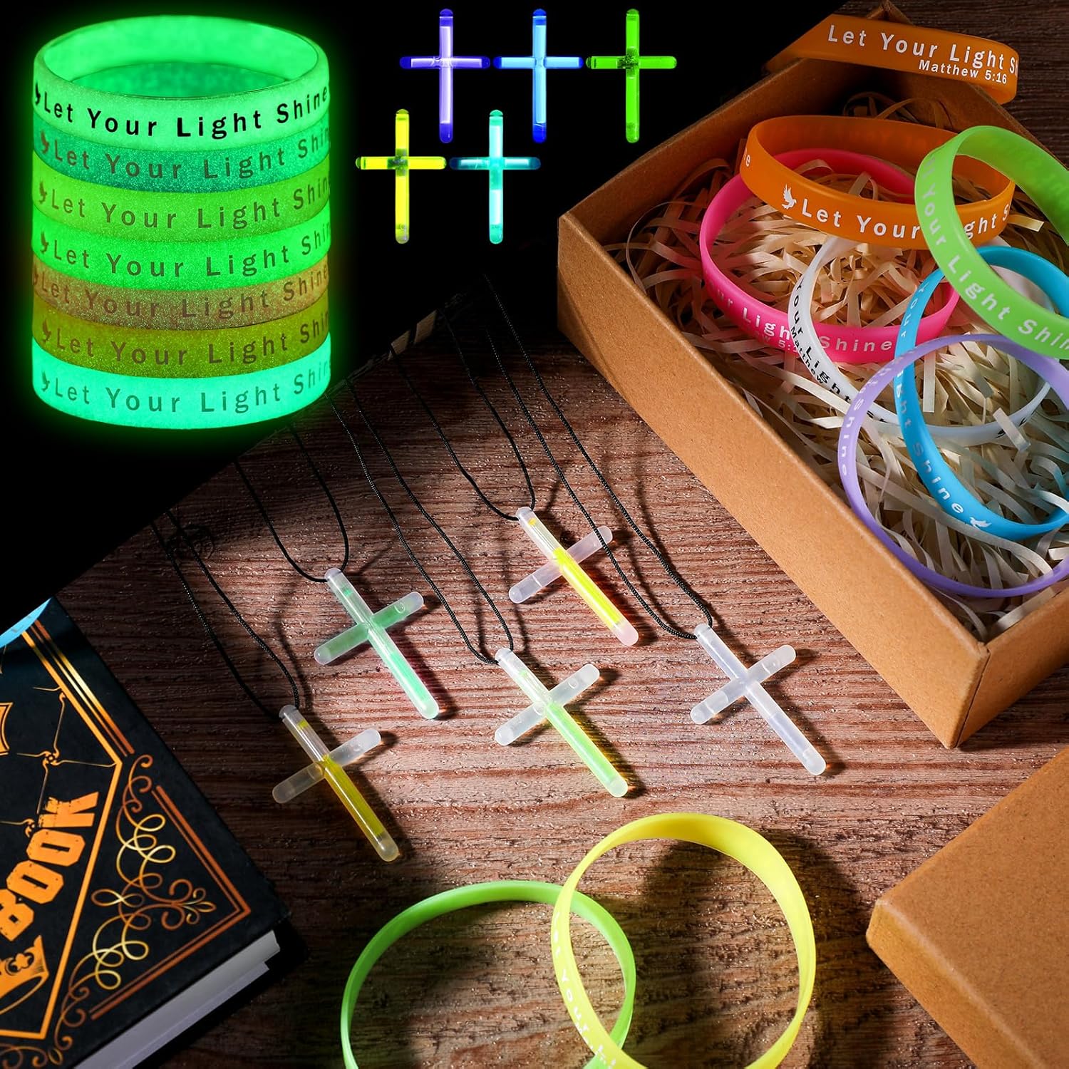 ShinyRelief 200 Pcs Glow in The Dark Christian Party Favors Silicone Bracelets Cross Necklace Bulk Bible Wristbands Luminous Pendant for Religious Gift - Image 5