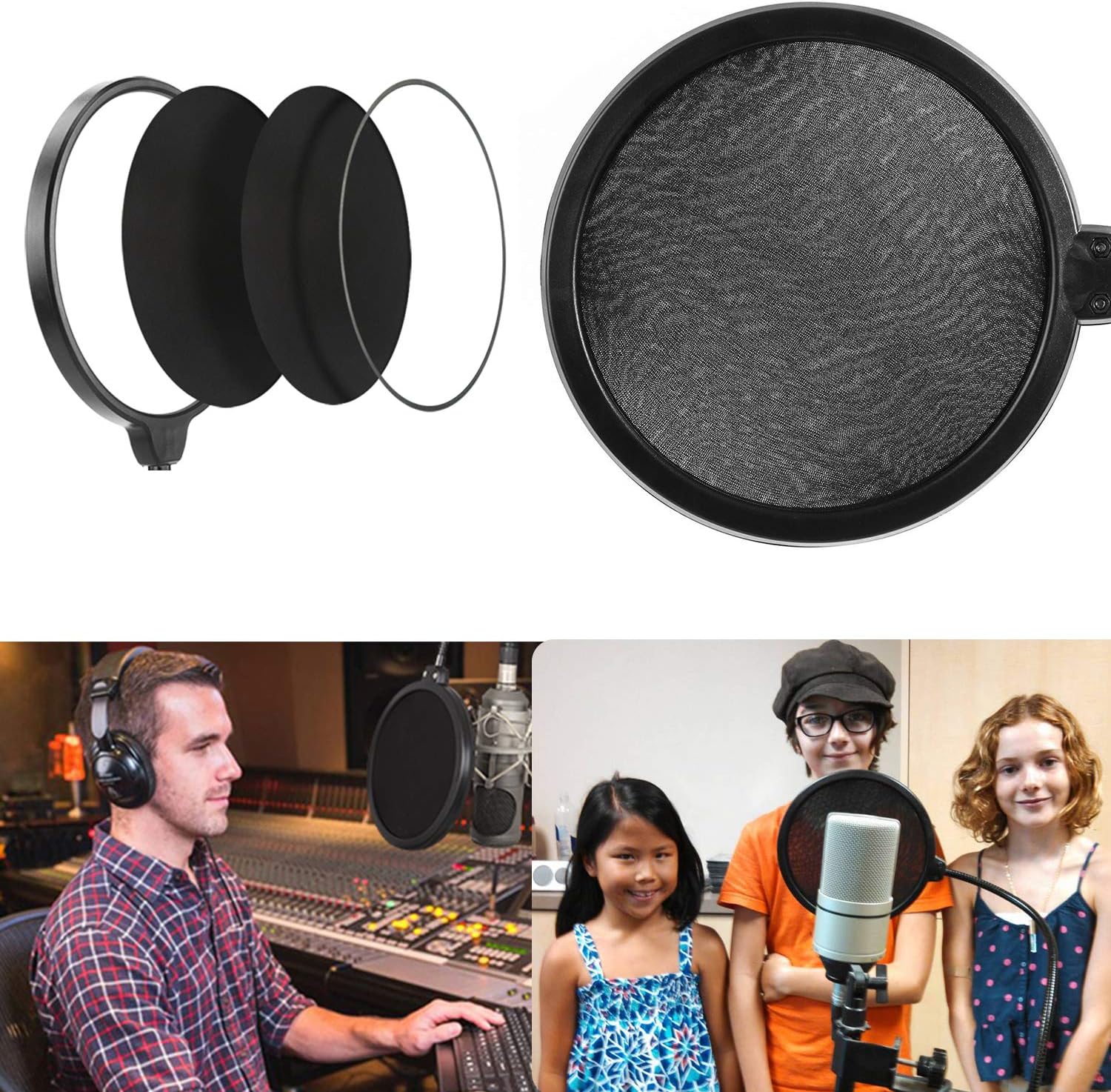 Microphone Pop Filter 6 inch Round Shape Wind Screen Mask Dual Layer Gooseneck Flexible for Blue Yeti Microphones