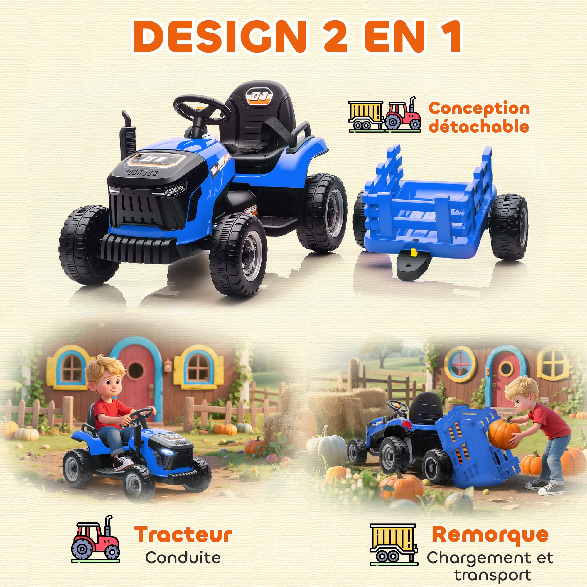 AIYAPLAY Tracteur électrique Enfants avec remorque amovible, Voiture électrique 6 pneus télécommande 2,4G LED Musique 3 Vitesses 3-8 Ans Bleu