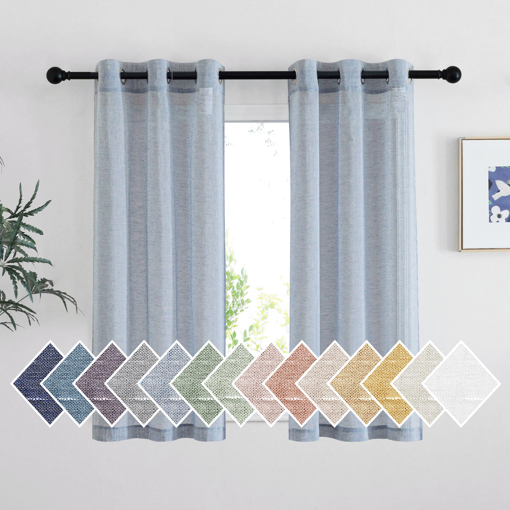NICETOWN Linen Sheer Kitchen Short Curtains 48 inch Length 2 Panels, Grommet Semi Sheer Small Window Treatments Privacy with Light Filtering Drapes