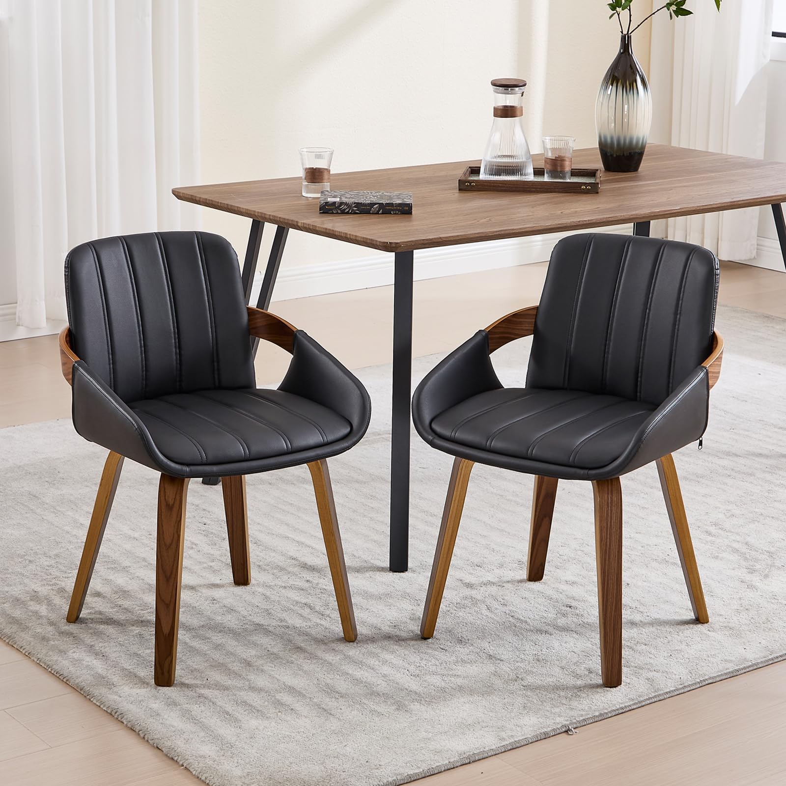 VipDesk Dining Chairs Set of 2, Mid Century Modern Dining Room Chairs with Arms and Mid Back PU Leather Upholstered Bentwood Kitchen Chairs for Home