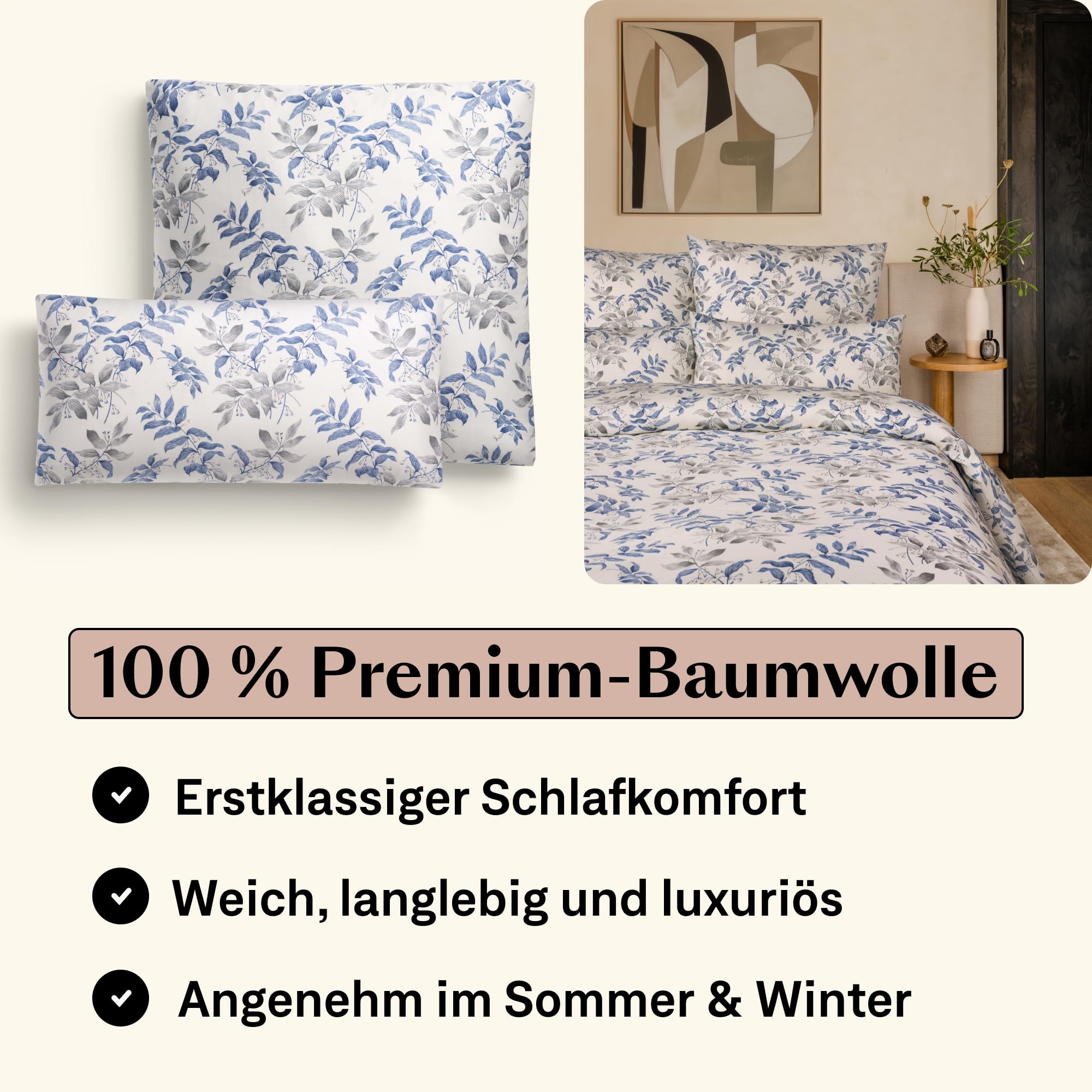 Mako Satin Bettwäsche-Set 135x200 Cm Mit Kissenbezug 40x80 – Blumenmuster, 100% Baumwolle, OEKO-TEX