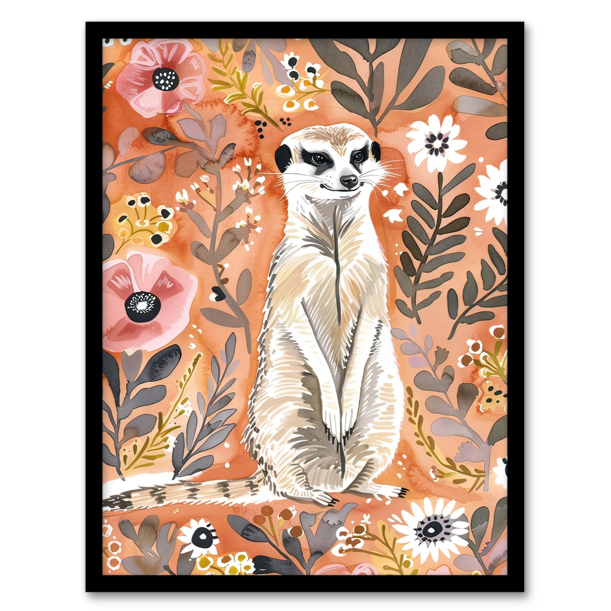 Artery8 Cute Meerkat with Wildflowers Orange Watercolour Living Room Artwork Framed Wall Art Print A4