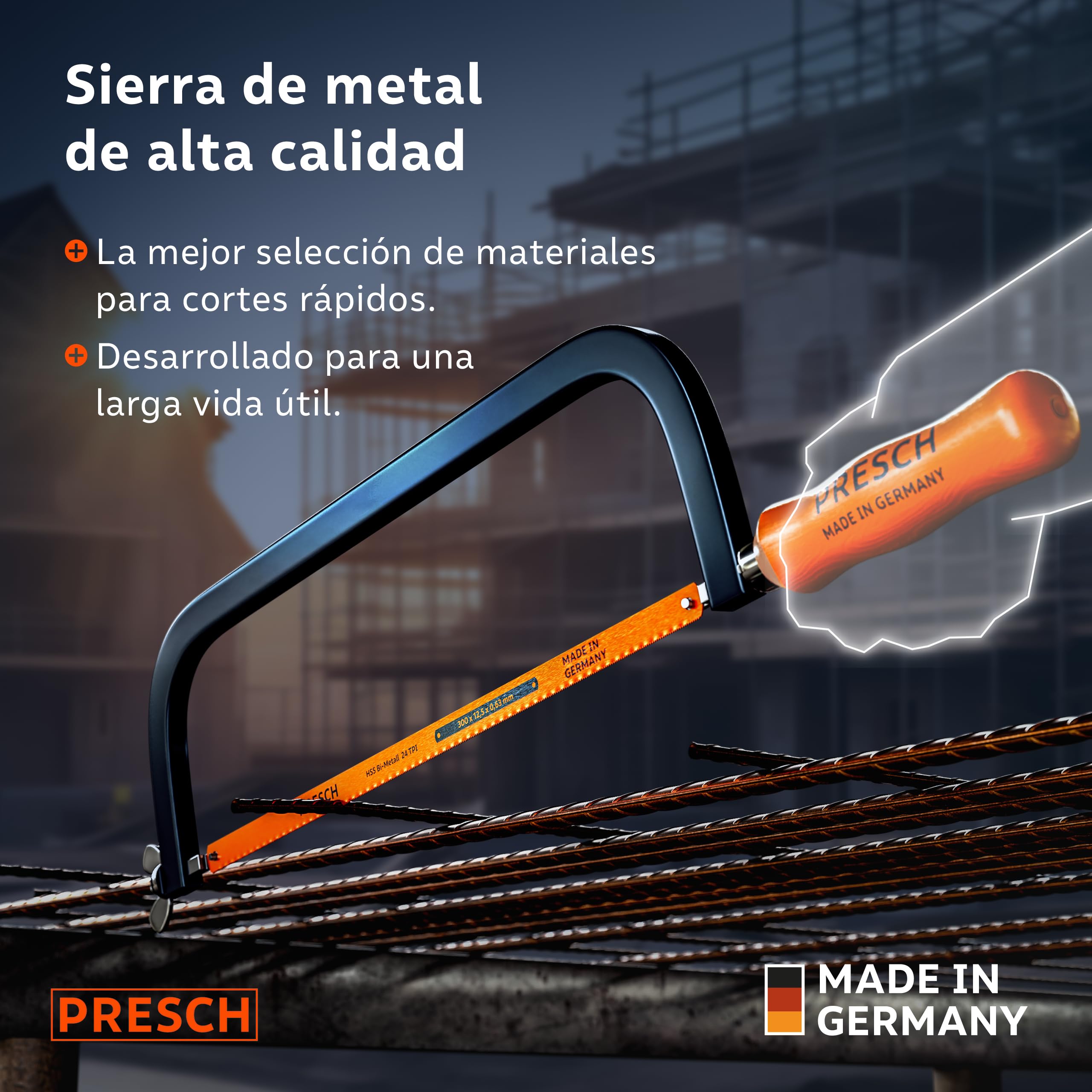 Presch Sierra de metal 300mm - Con hoja BI-metal para un corte preciso - Rotación de 90° de la hoja de sierra para cortes horizontales y verticales - Cambio rápido de las hojas