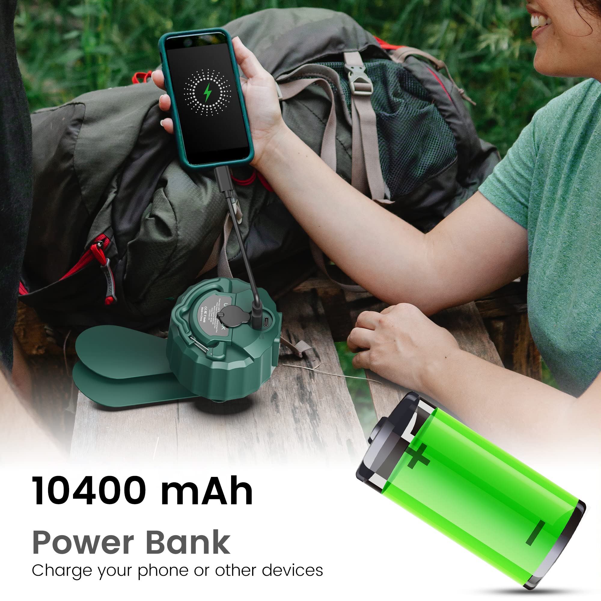 Ventilador portátil de camping al aire libre recargable – Ventilador USB de 10400 mAh con luz LED y control remoto, para tienda, techo, viajes (temporizador, 3 velocidades y niveles de luz)