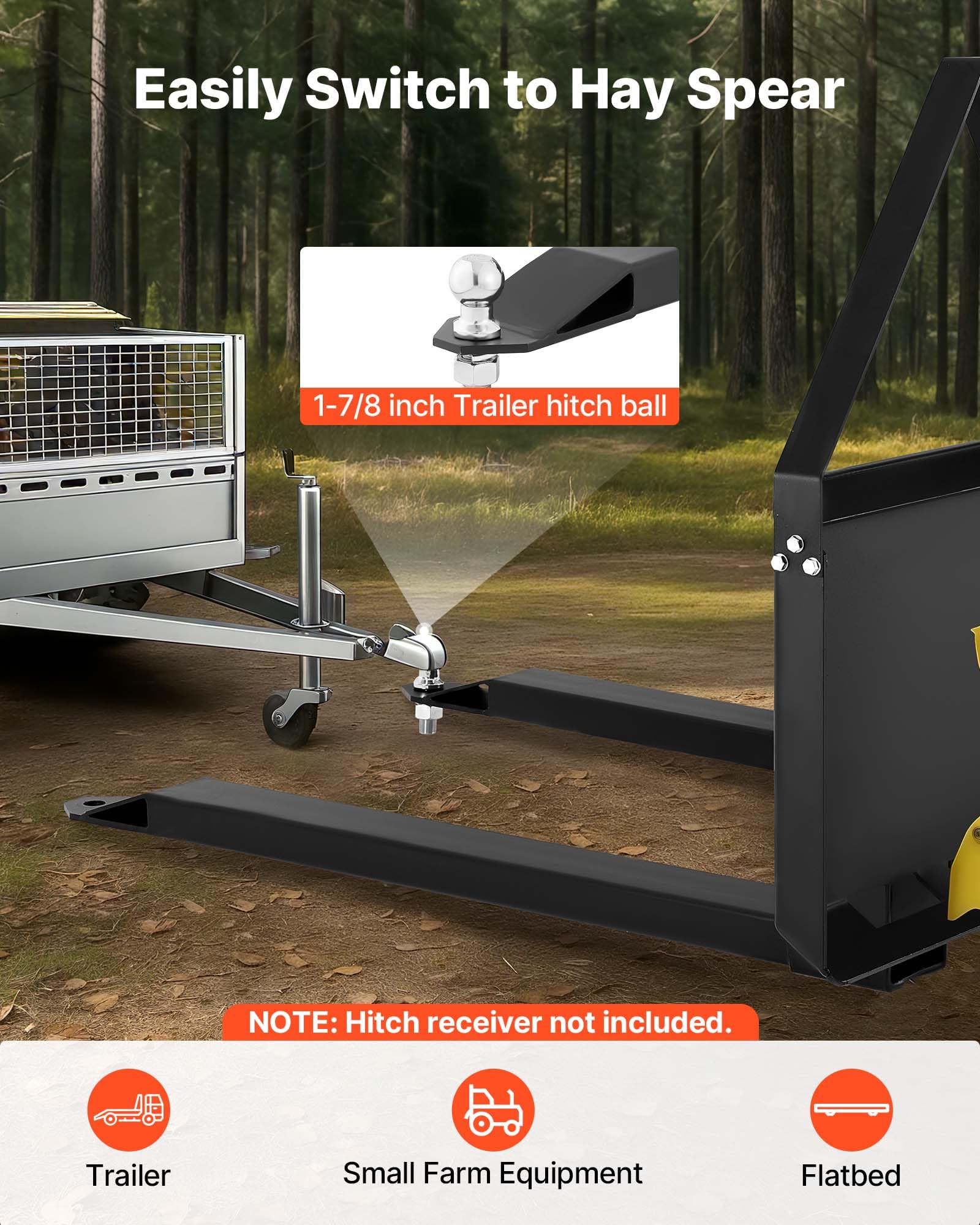 VEVOR Fourches à Palettes pour Chargeuses Compactes avec Cadre 1160 mm, Fourche 1220 mm, Capacité 1179 kg, Boule d'Attelage de Remorque 47,6 mm, Connexion Rapide, pour Chargeuses Compactes, Tracteurs