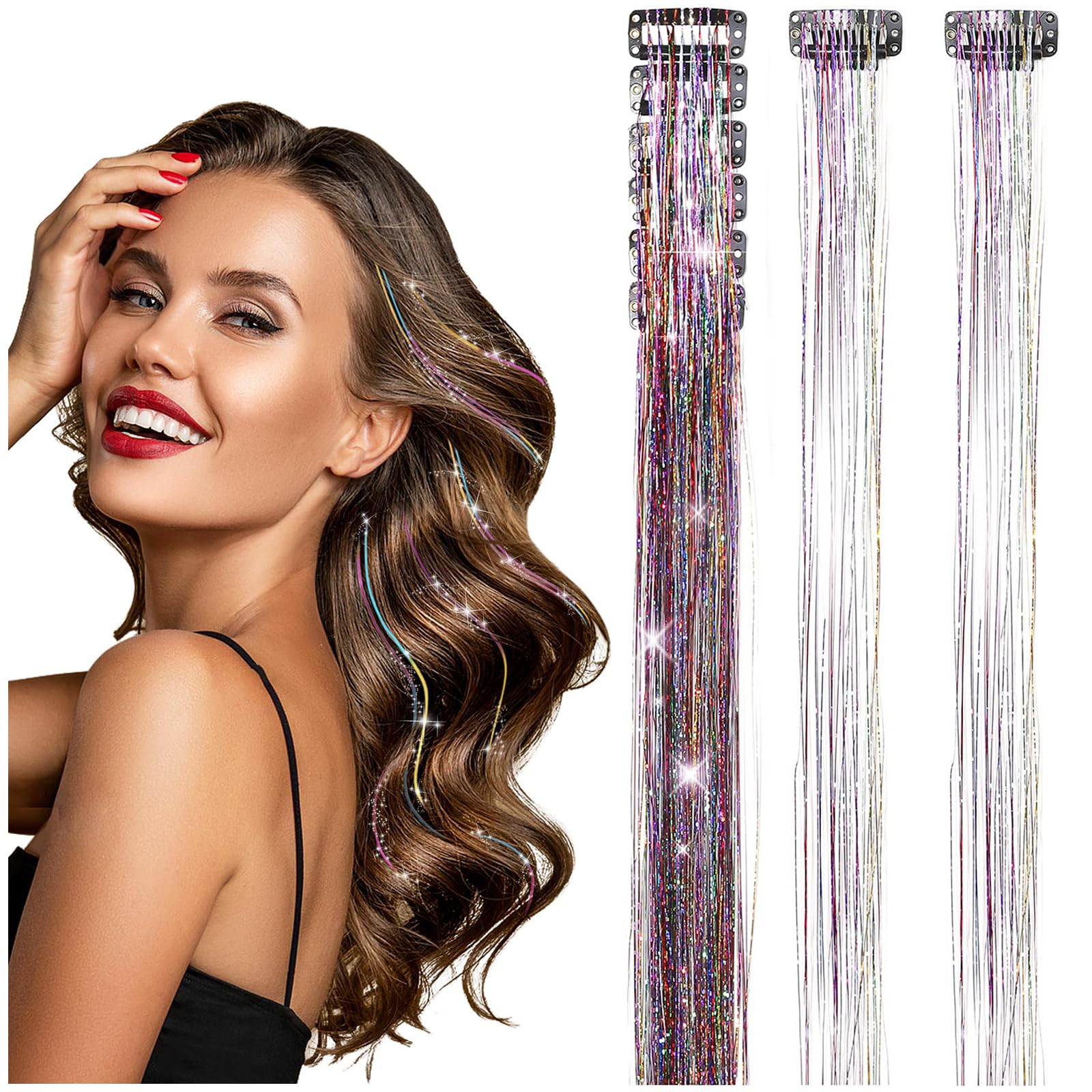 Clip in Hair Tinsel Kit,12 PCS Clip-in Haarglitzer Set Mehrfarbige Glitzer Haarerweiterungen mit Clips Glänzender Haarschmuck für Frauen und Mädchen bei Festival Weihnachten und Partys