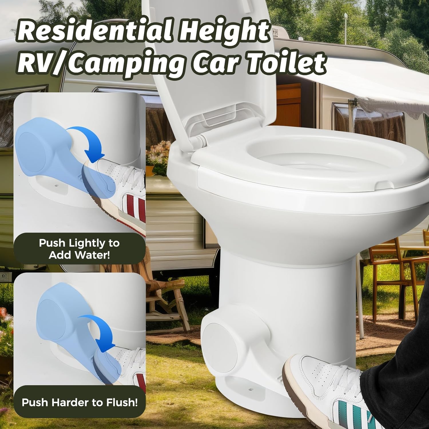 Image illustrating the foot pedal operation for the RV toilet: push lightly to add water, push harder to flush.