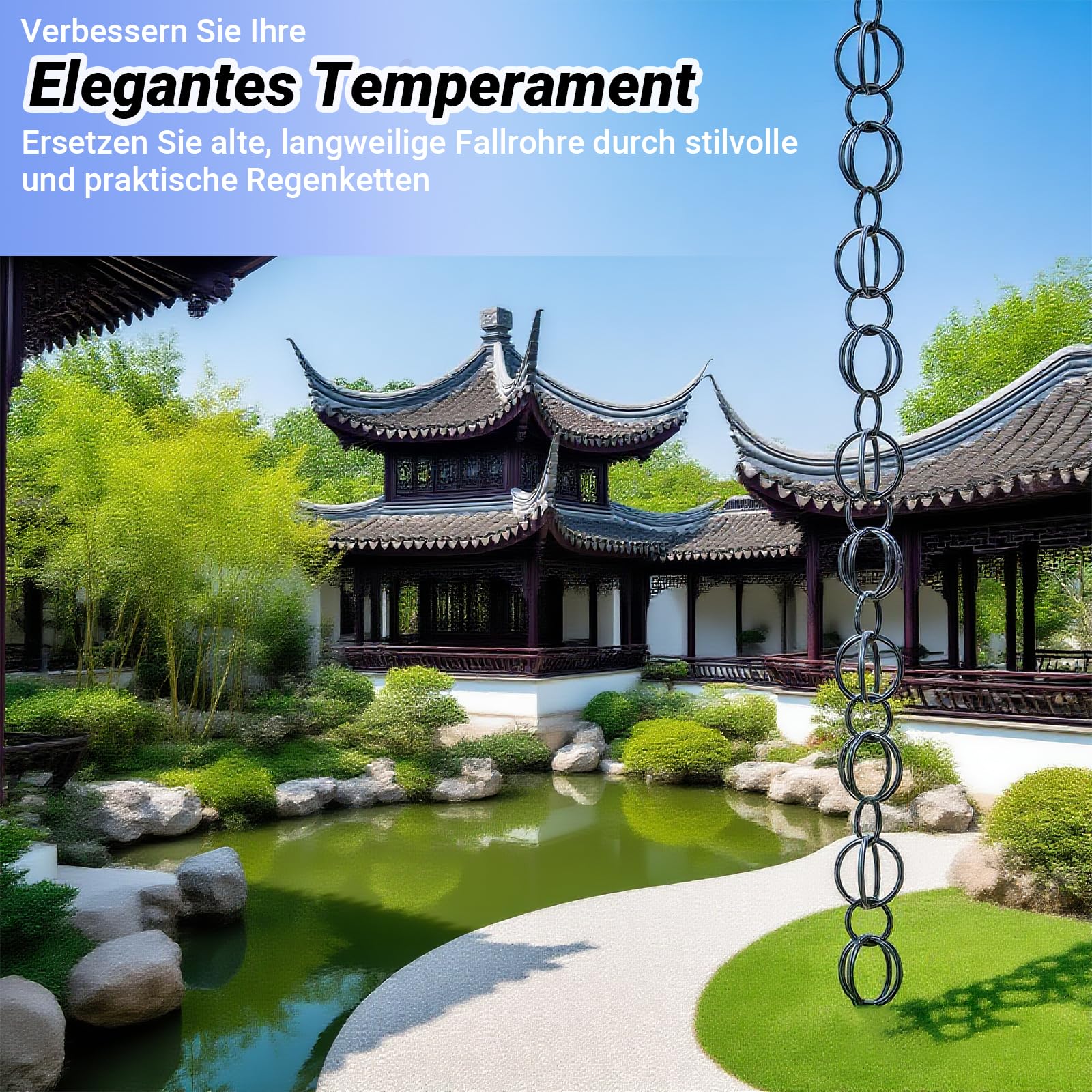 Regenkette, Dekoration, 244 cm, Metall-Doppelschlaufe, Regenfallrohr-Fangkette, Dachrinne, Ringregenkette, Regenketten für Haustraufen, Garten, Veranda und Terrasse2.4m(8ft)
