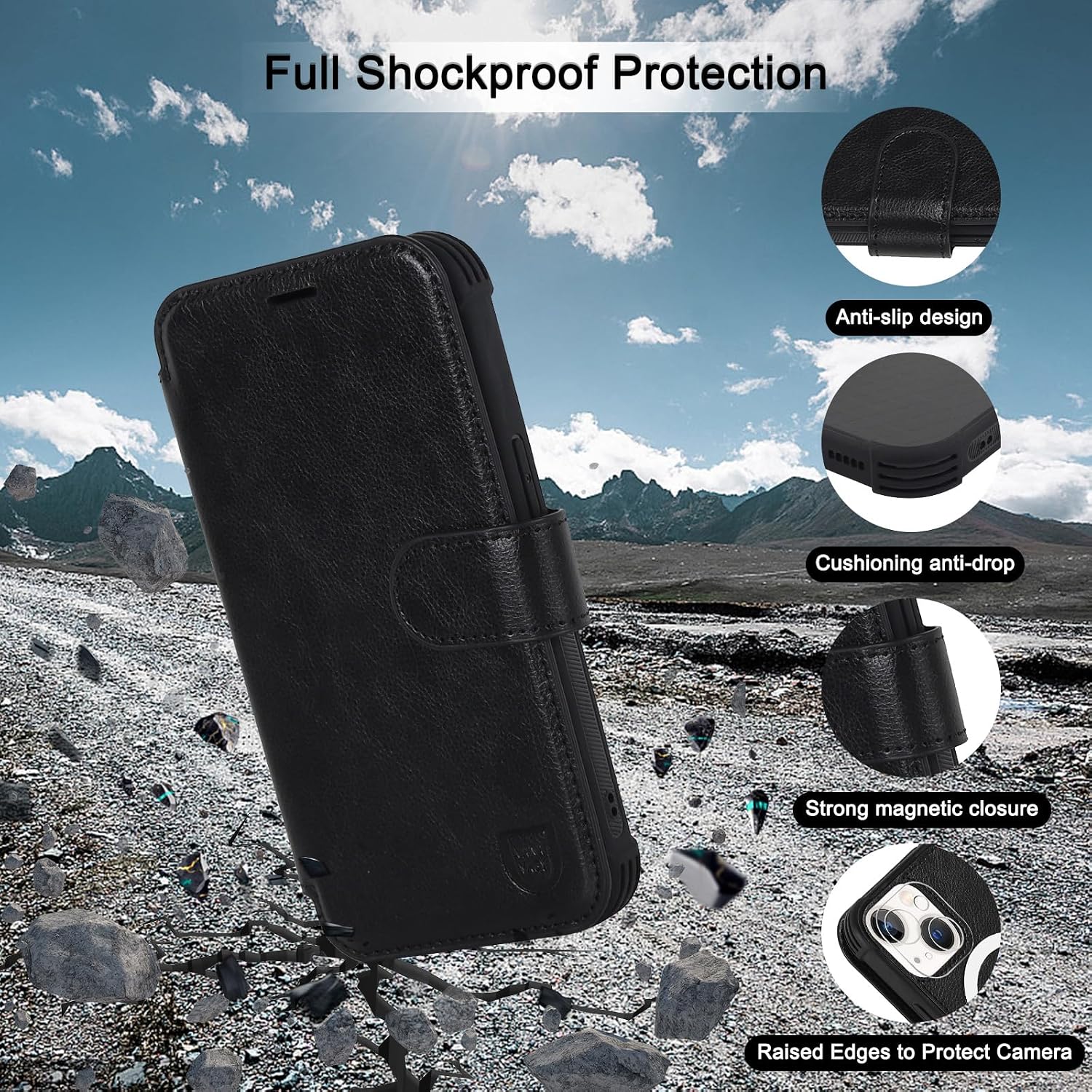 VANAVAGY Compatible for iPhone 13 Mini Wallet Case for Magsafe Wireless Charging, PU Leather Flip Folio Phone Case with Wrist Strap RFID Blocking Card Holder Screen Protector, Black