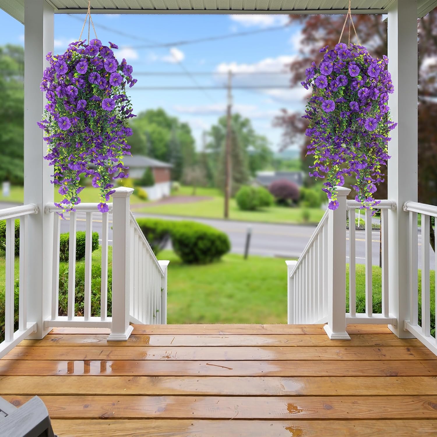 Sggvecsy Artificial Fake Hanging Flowers Plants for Outdoor Outside Spring Summer Decoration 2PCS Faux Silk UV Resistant Realistic Morning Glory with Eucalyptus for Home Porch Patio Balcony(Purple) - Image 3
