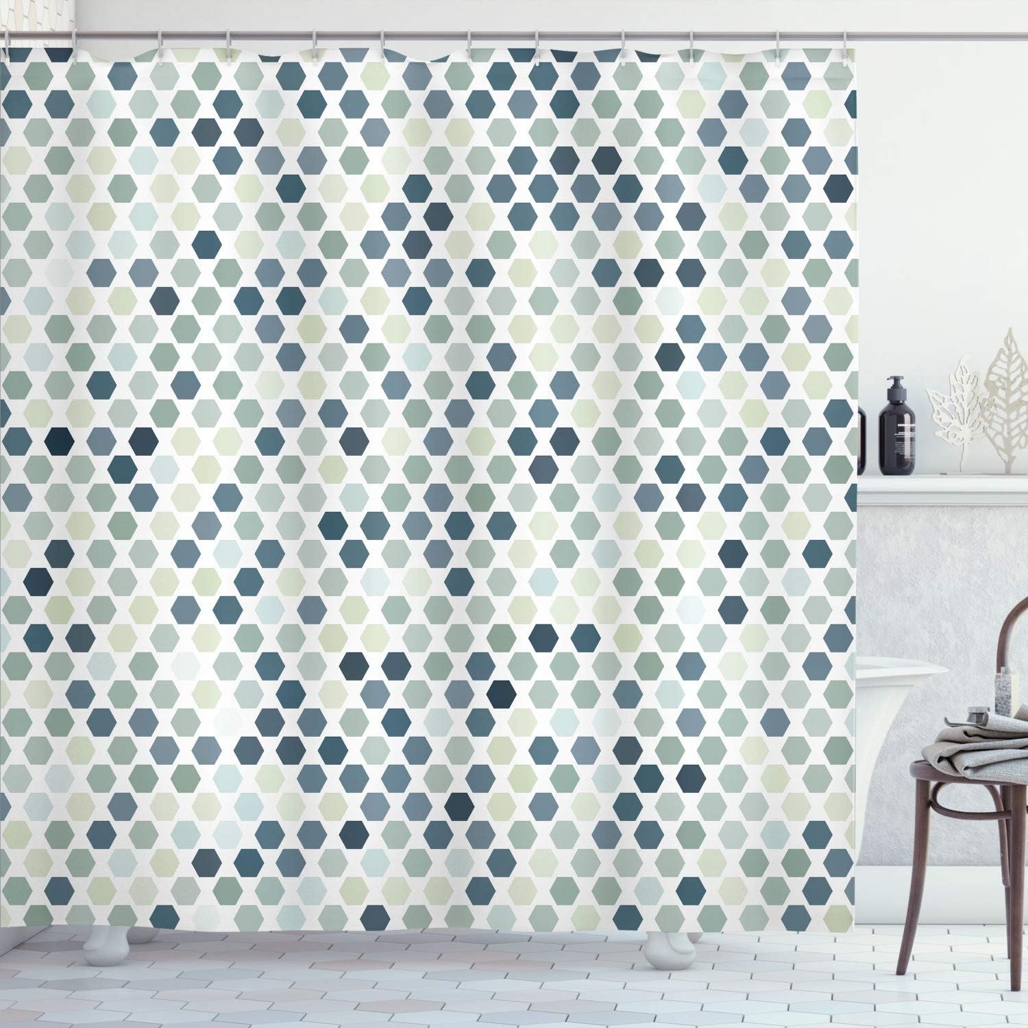 Ambesonne Geometric Shower Curtain, Abstract Zig Zag Hexagon Vivid and Dark Color Hue Tone Intensity Blush Art Print, Cloth Fabric Bathroom Decor Set with Hooks, 69" W x 84" L, Grey Blue