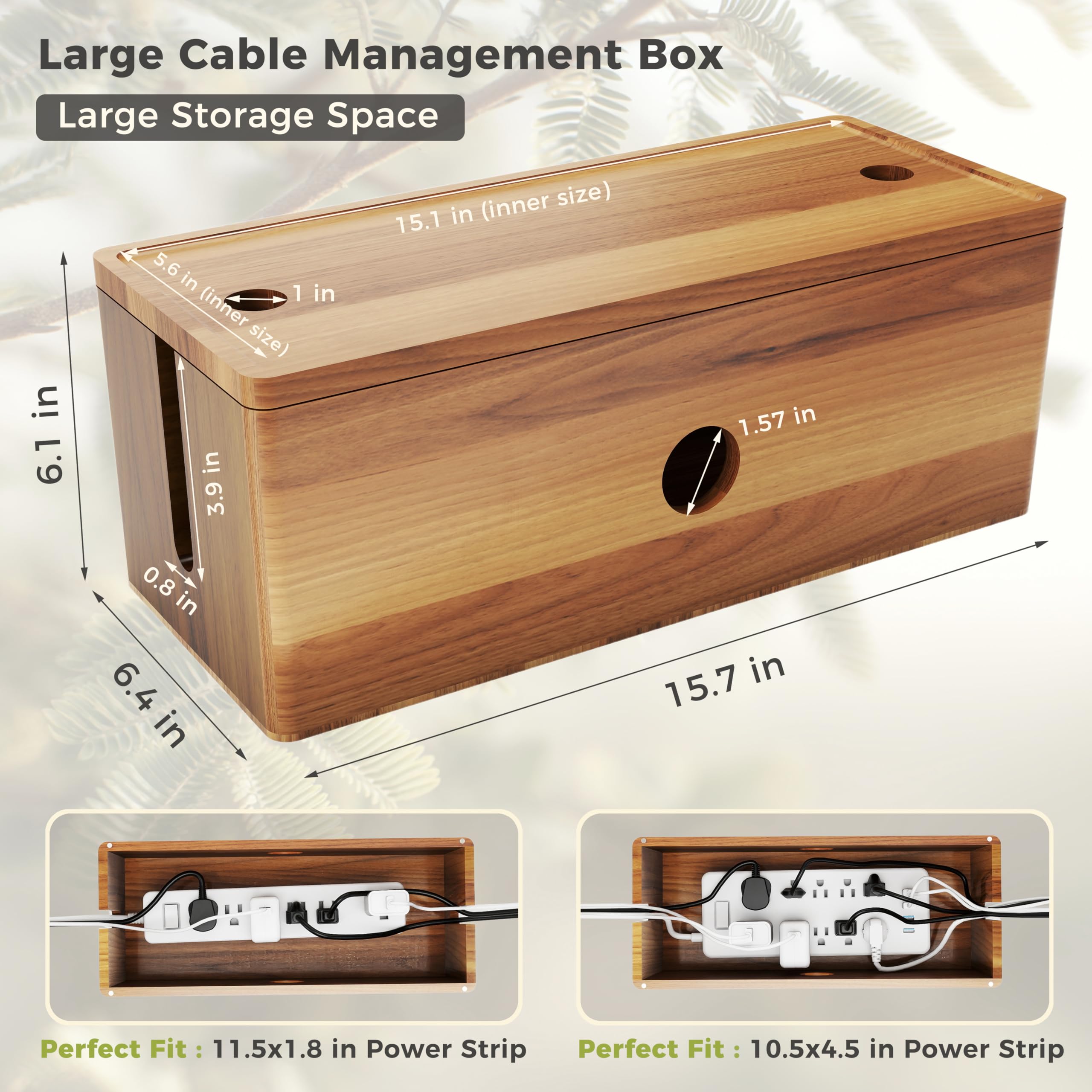 Caja organizadora de cables grande, caja organizadora de cables de madera de acacia con tapa magnética extraíble, organizador de escritorio de 4 ranuras abiertas, oculta cables de TV, cables