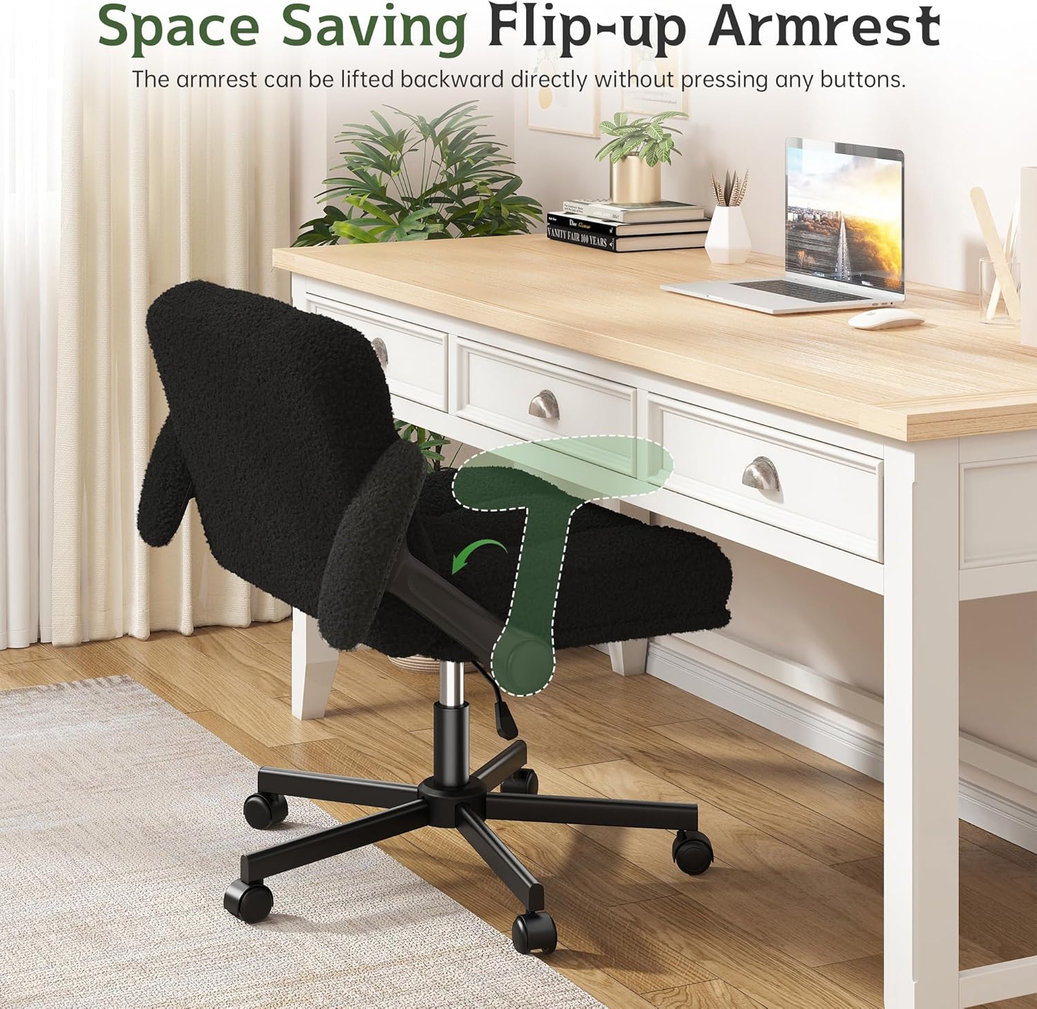 DurayLoly Criss Cross Chair with Wheels, Cross Legged Office Chair with Flip-up Armrests, Wide Desk Chair for Bedroom, Home Office, Apartment, Plush Fabric, Black