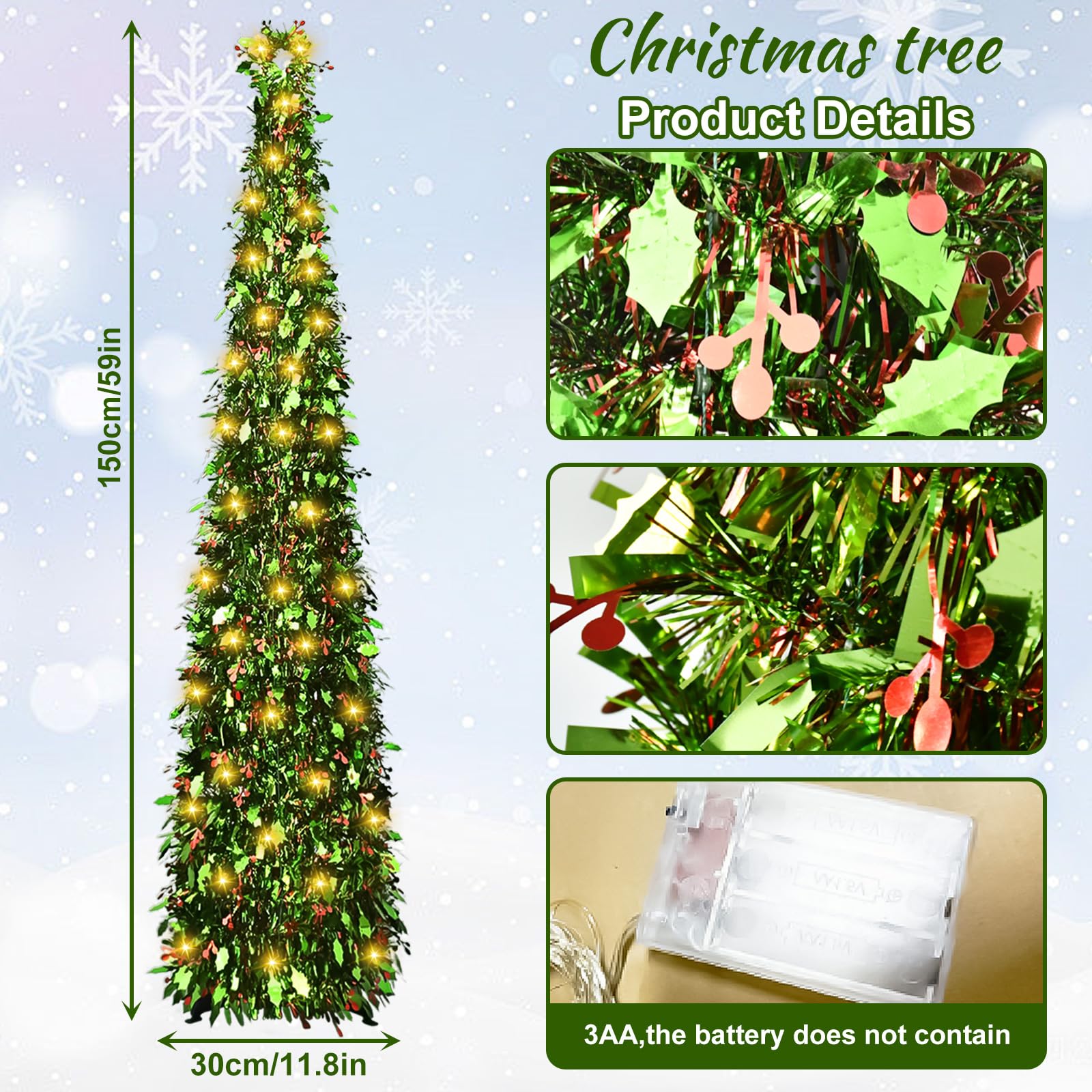 Árbol de Navidad Artificial y Plegable de 150 Cm, Arbol de Navidad Plegable con Una Guirnalda de Luces Cálidas de 5 Metros de Largo, Christmas Tree Verde, Navidad Decoración (E)