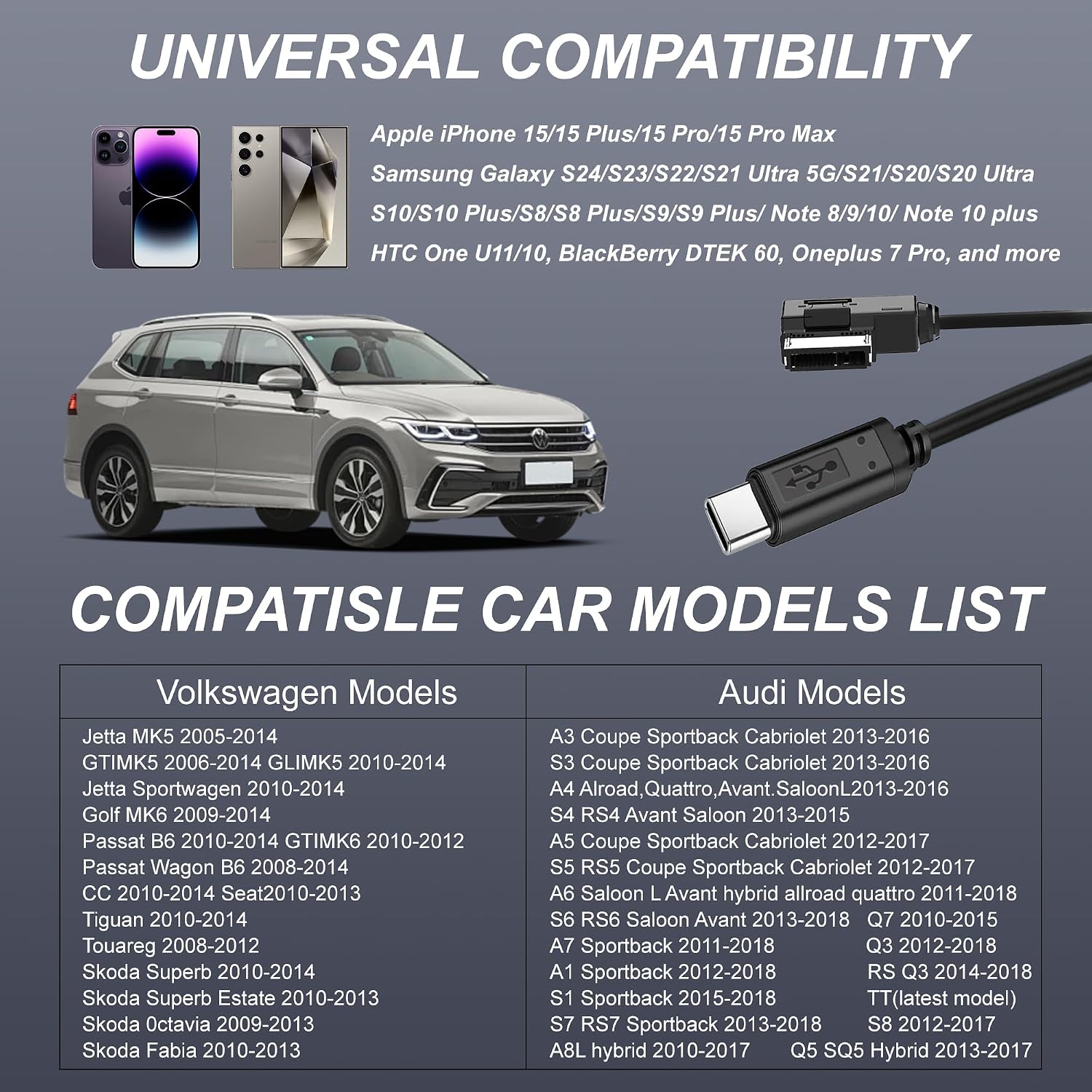 Untvie USB-C to AMI MMI Aux Cable Charging & Audio, for iPhone 16/15 Compatible Audi A4/A6/A8/Q5/Q7 2011-2016, VW CC/Magotan/Tiguan (3.3FT)