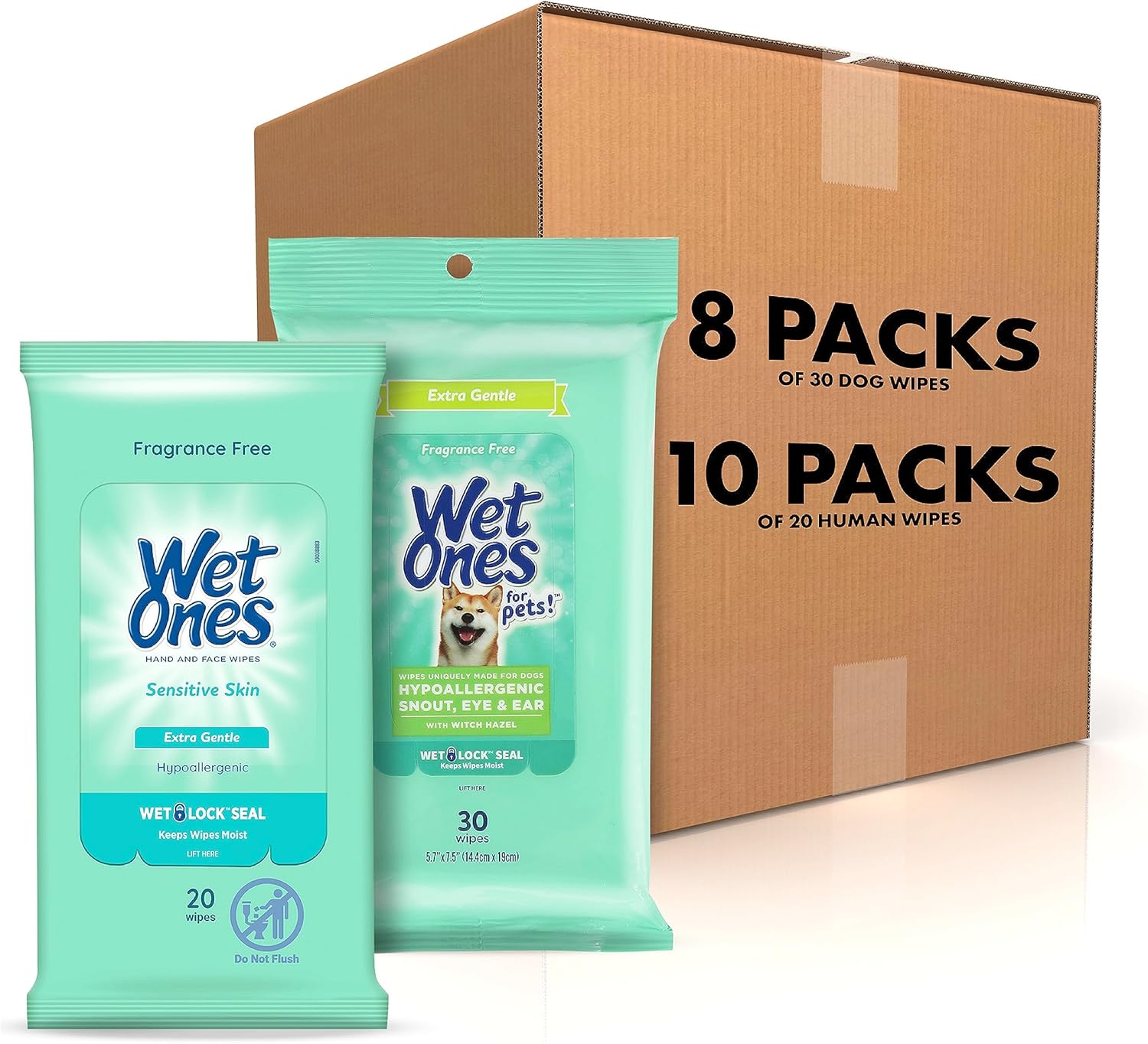 Wet Ones Mixed 18 Piece Bundle of Human & Pet Wet Wipes, Hypoallergenic | 10 Packs Sensitive Skin Hand and Face Wipes, 20 Ct Plus 8 Packs for Pets Dog Wipes for Snout, Eye, Ear, 30ct