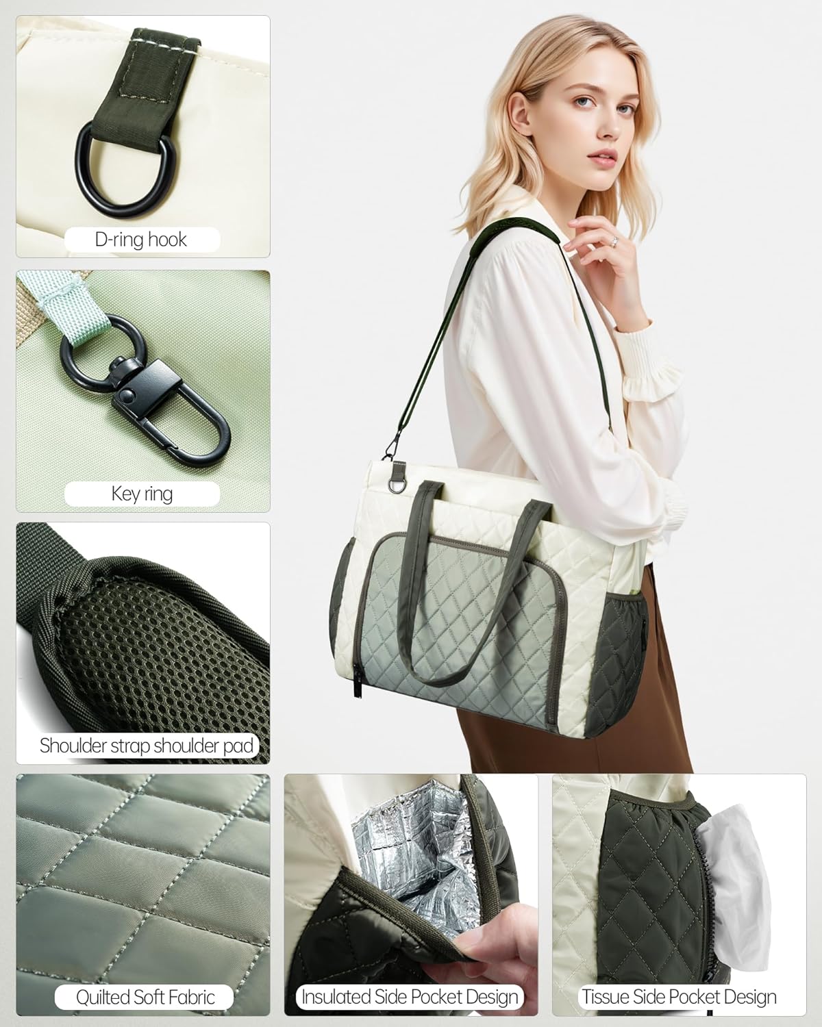 Lunch Tote Bag for Women, 15.6" Laptop Tote Bag with Insulated Lunch Compartment, for Office Work Teacher Picnic Nurse (Avocado Green) - Image 7