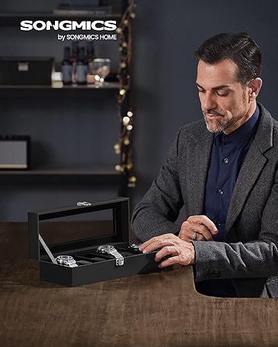 Miniatura 2 de SONGMICS Caja de reloj, caja de reloj de 6 ranuras con tapa de vidrio grande, almohadas extraíbles para reloj, organizador de caja de reloj, regalo