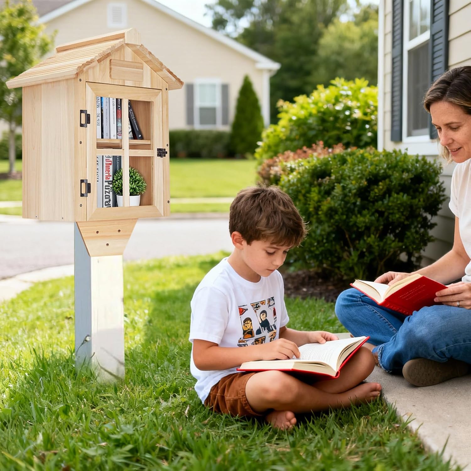 lotoo Little Library Box Outdoor Kit, 2-Tier Free Library for Book Display & Storage, Little Wood Cabinet with Trapezoidal Roof for Neighborhoods, Community, Schools to Share Books, Newspapers, Arts