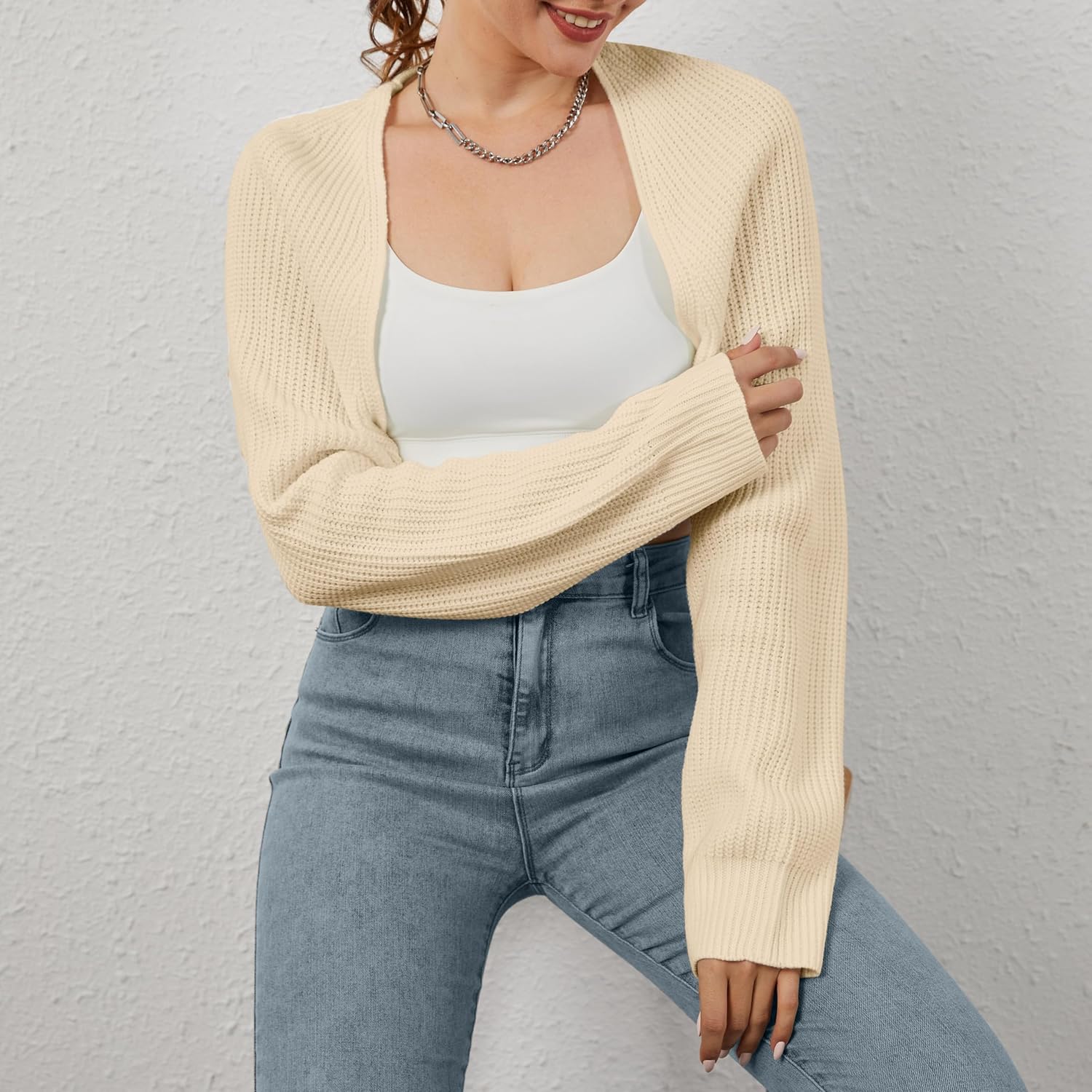 Women Open Front Ribbed Knit Crop Bolero Drop Shoulder Long Sleeve Solid Loose Fit Knitted Crop Cardigan Shrug - Image 4