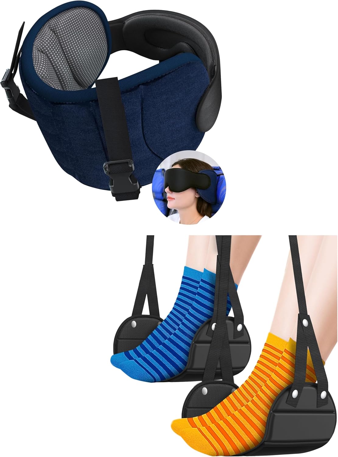 Travel Pillows and Airplane Foot Hammock for Long Flight, Travel Essentials, 360° Support Headrest, Stop Bobblehead, Foot Rest