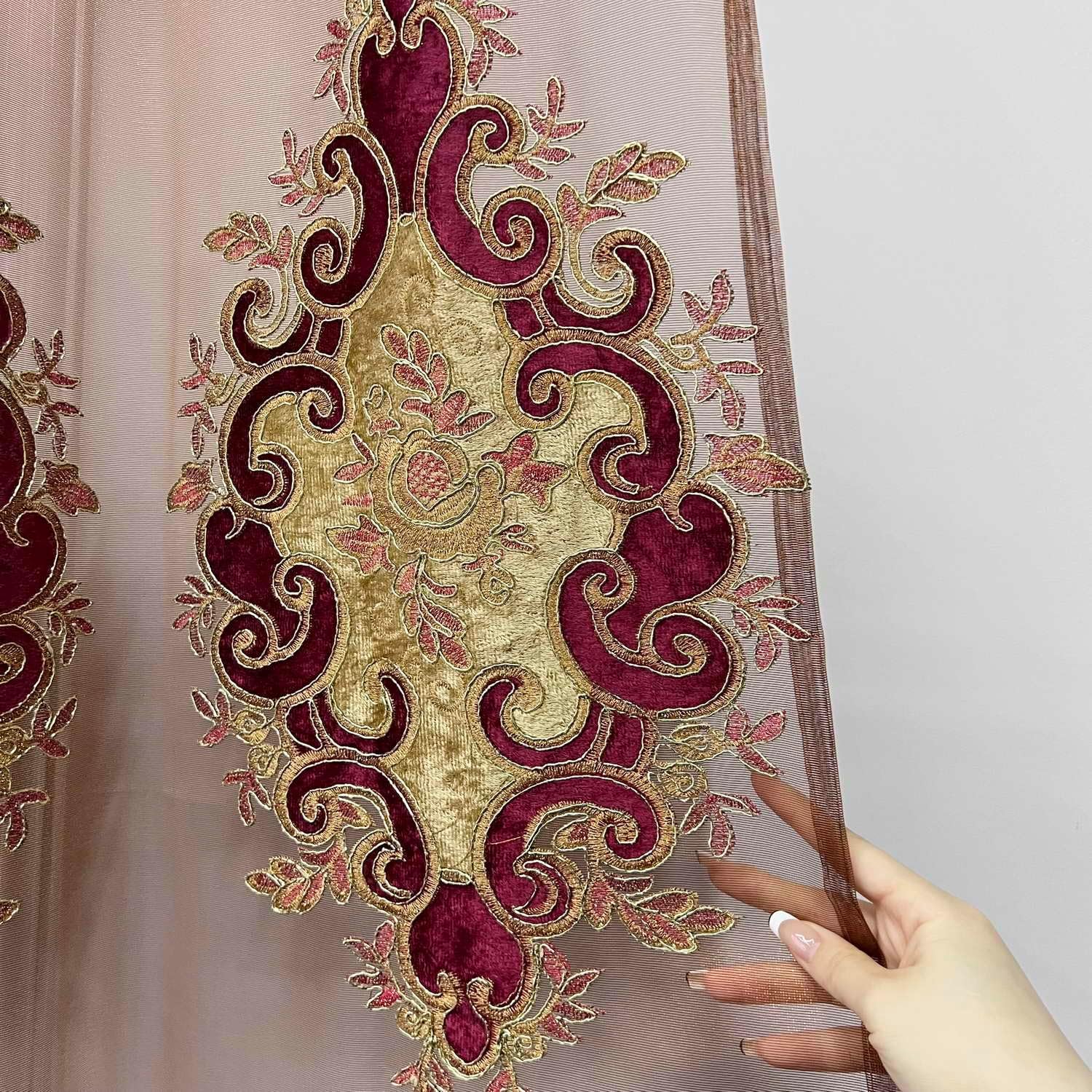 Gxi Brown Sheer Curtains for Living Room Burgundy Jacquard Curtains Light Filtering Voile European Luxury Embroidery Curtain for Bedroom,2 Panels, Each 79 x 96 inches Long