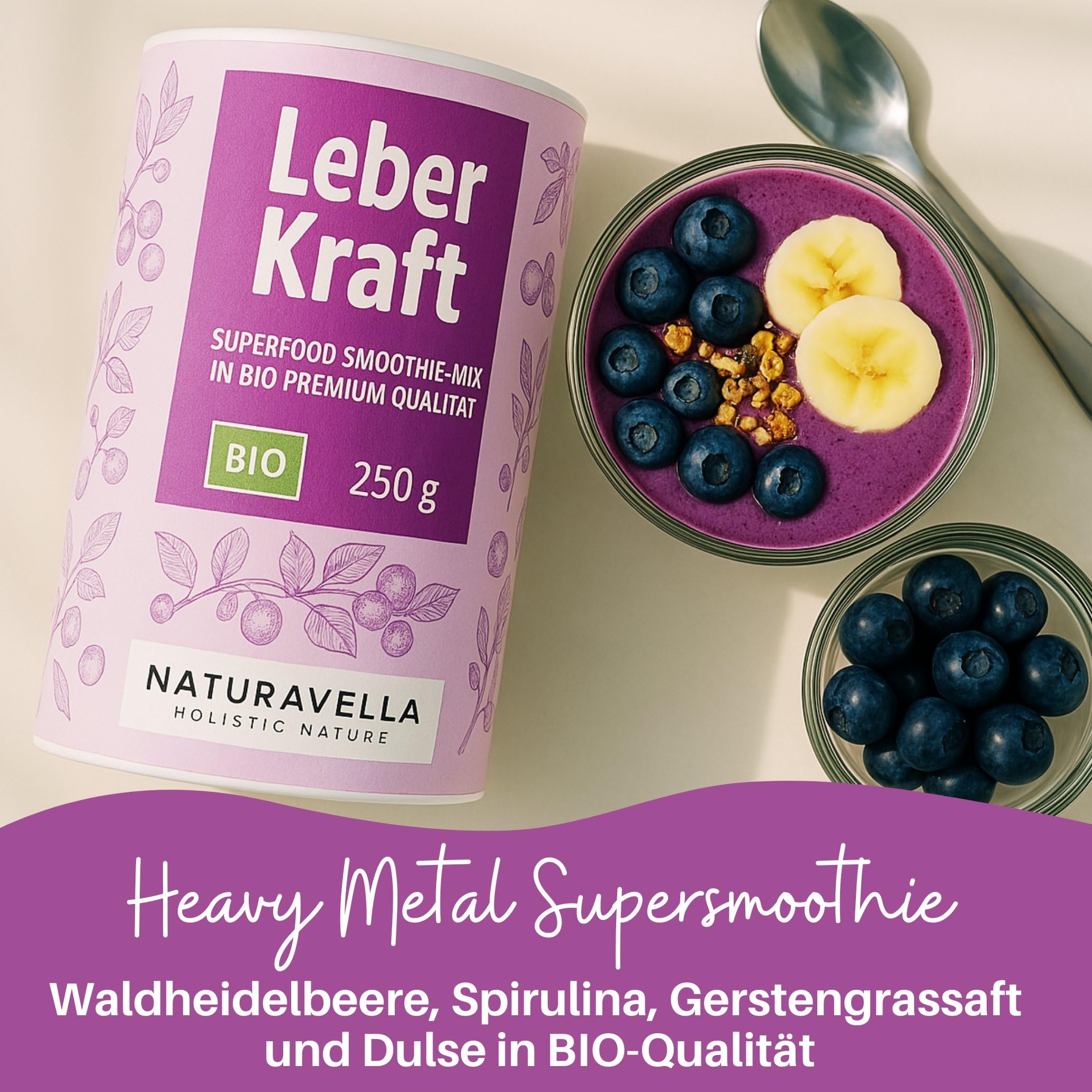 NATURAVELLA LeberKraft Bio Superfood Smoothie in Polvere (250g) per Heavy Metal Detox | Con Mirtilli Selvatici, Succo d'Orzo, Spirulina e Dulse | Ricetta di Anthony William | Vegano