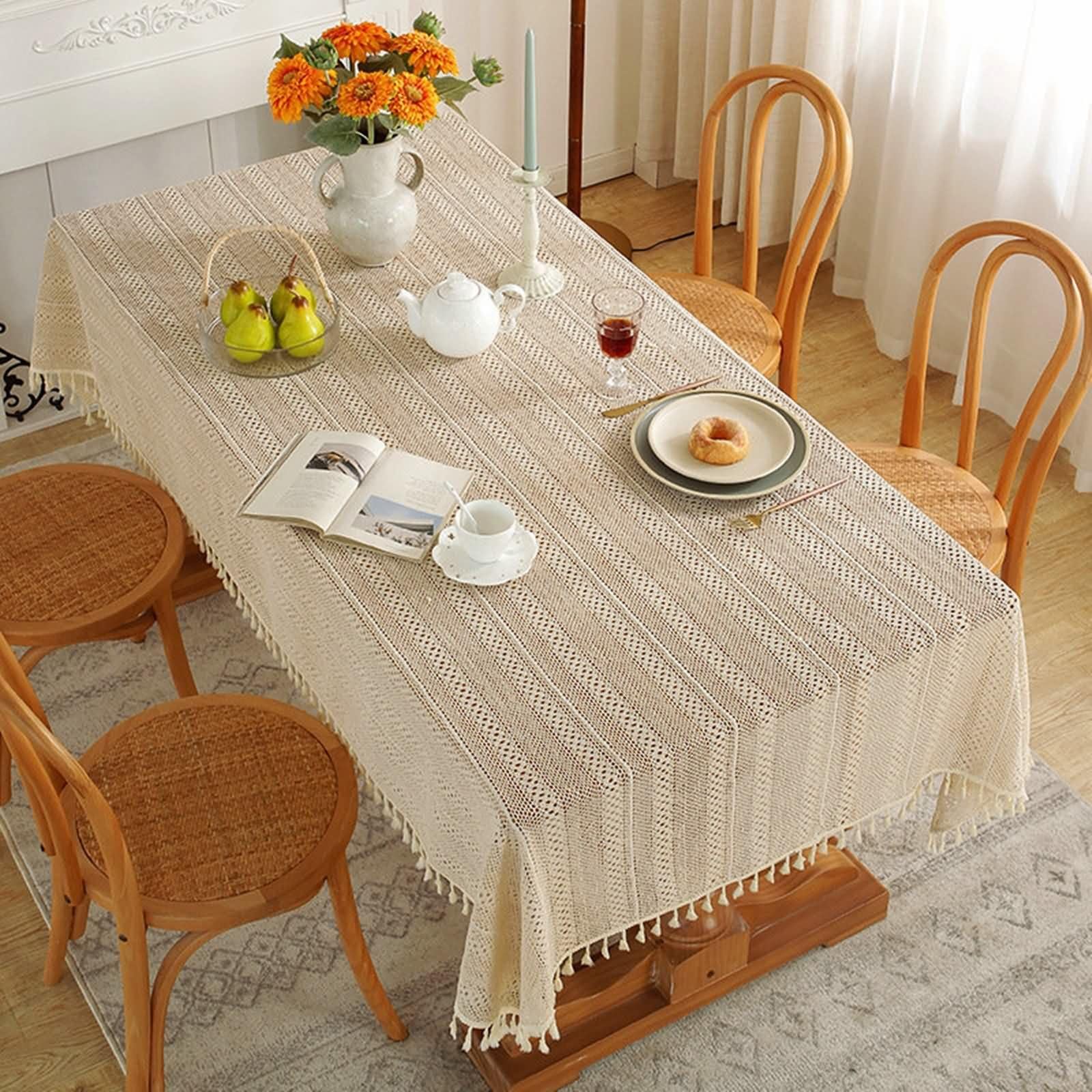 Manteles Mesa Rectángulo Antimanchas 140 W x 200 L CM,Mantel de Mesa Terraza Beige Amarillo Encaje Hueco con Borlas Poliéster Algodón Mantel para Mesa de Salon