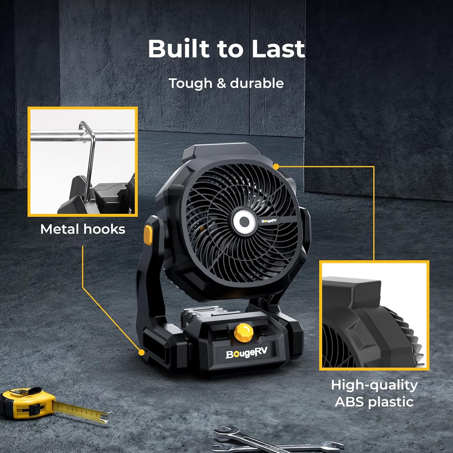 BougeRV Battery Powered Fan Portable 755 CFM Desk Fan with 8A 144Wh Removable Battery, Metal Hooks, AC/DC Supply, USB Port, Light, 210° Tilt for Jobsite, Workshop, Camping, RV, Power Outage, Home