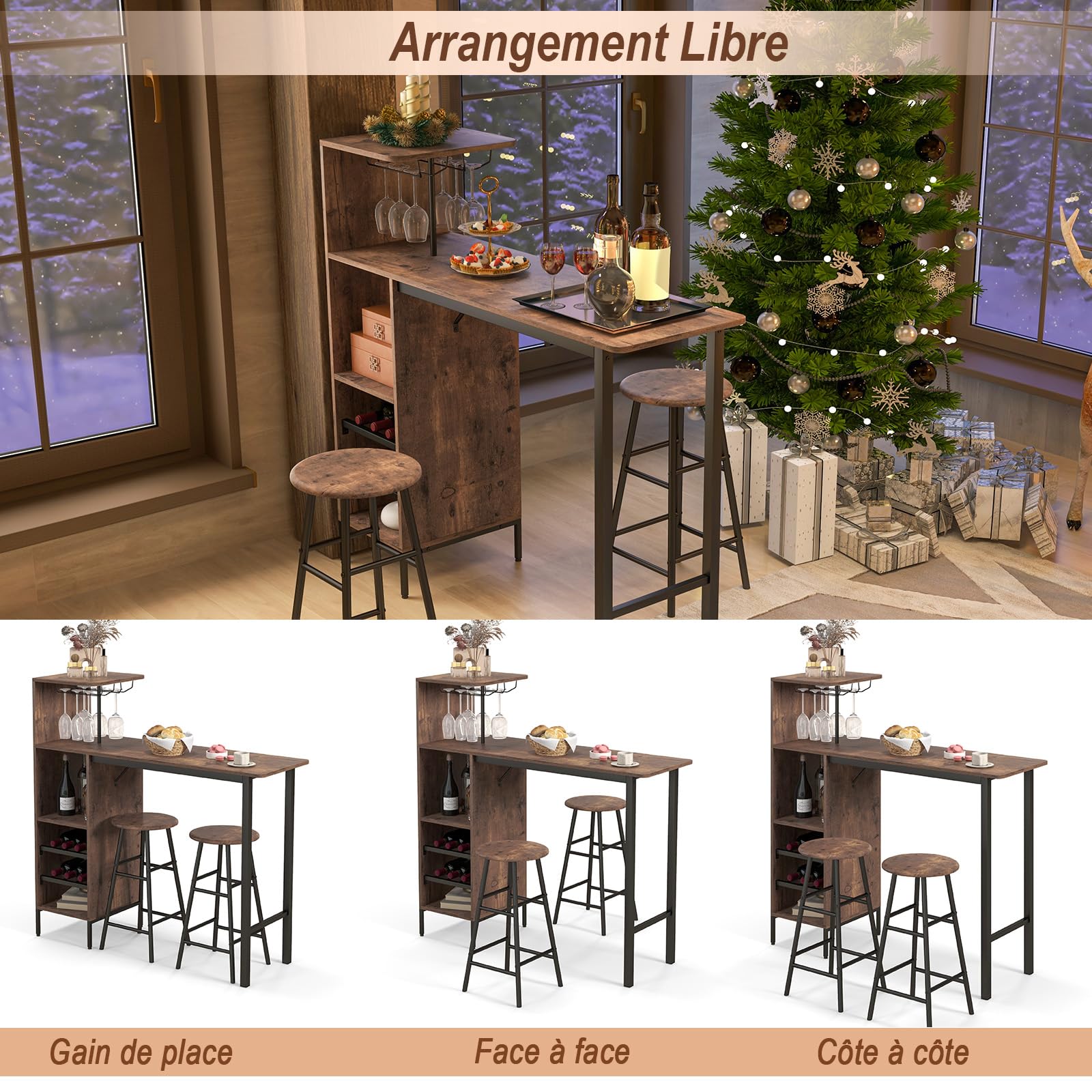 GOPLUS Ensemble Table de Bar et Tabourets 3 Pièces,Table Bistro avec Porte-Verres et Étagères, Table de Comptoir de Cuisine avec 2 Tabourets pour Maison, Salle à Manger, Restaurant, Bar (Café)
