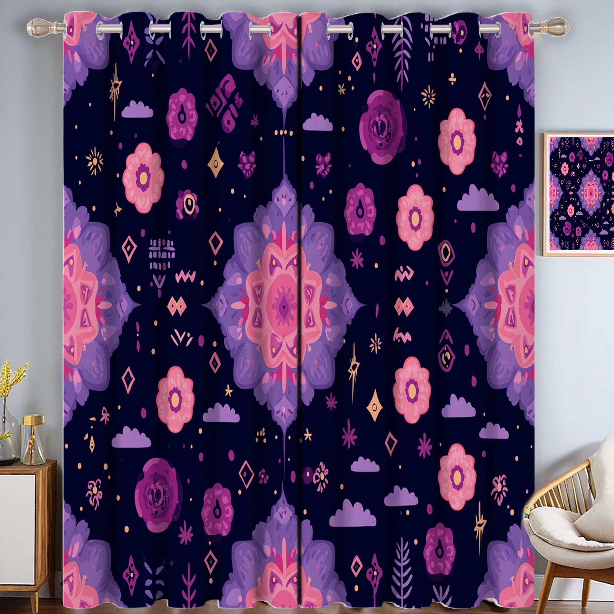 Rideau opaque pour chambre et salon à motif fleur rose violet 132x213