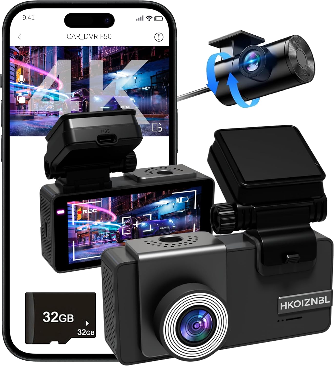 Dash Cam Front and Rear, 4K UHD Dual Channel Dash Cam,WiFi - App Control, G-Sensor, Loop Recording, 170° Wide Angle, Night Vision, 3.6" IPS, S300 Dash Camera for Cars with 32GB Card