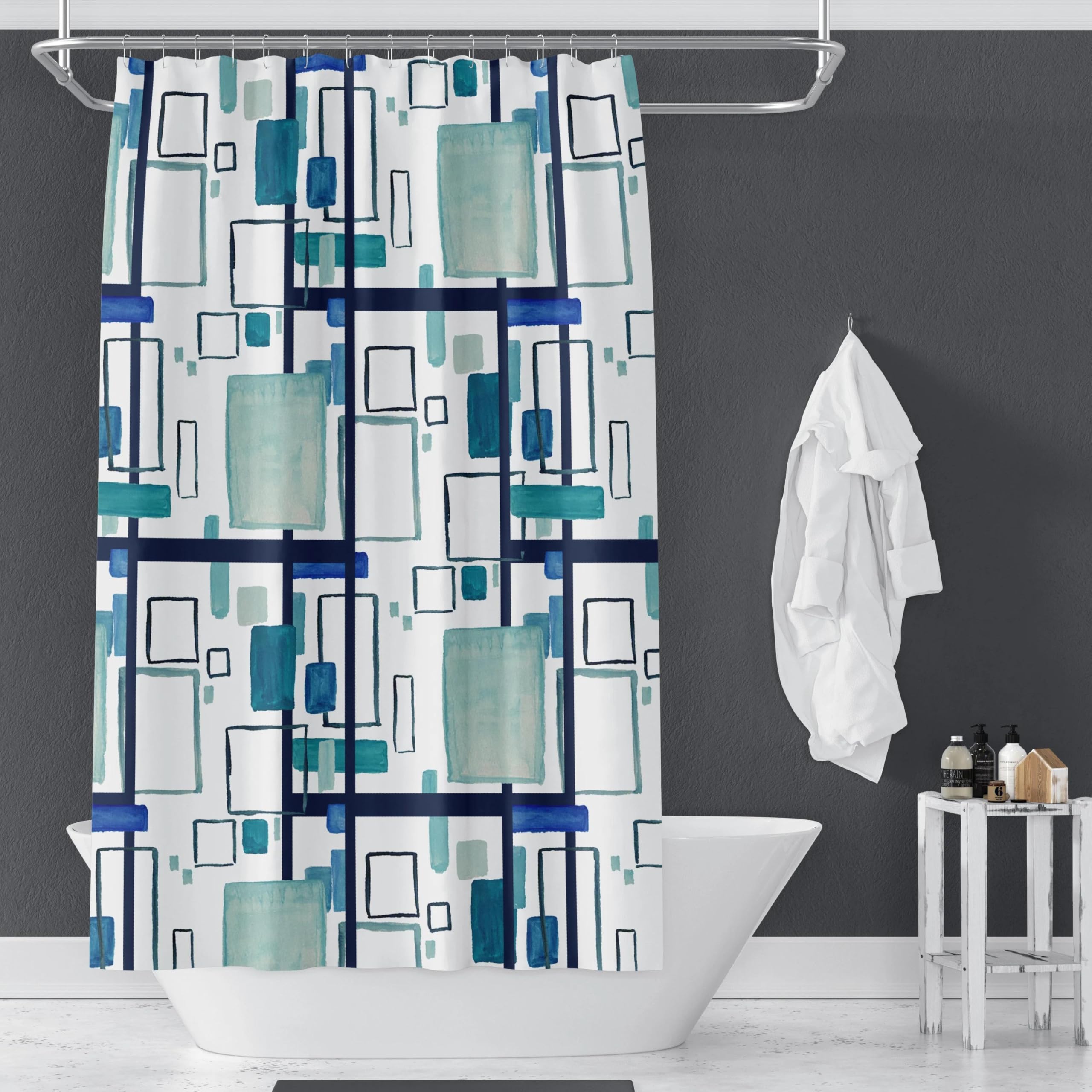Modische geometrische Duschvorhänge | Blaugrün-weiße Mid-Century-Modern-Duschvorhänge,Badezimmerdekor mit 12 Kunststoffhaken,213 x 175 cm (B x H)