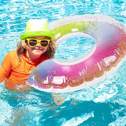 Miniatura 7 de Whaline 4 flotadores inflables para piscina, juguetes de natación, tubos de natación, anillos de arco iris con purpurina, tubo de piscina para niños